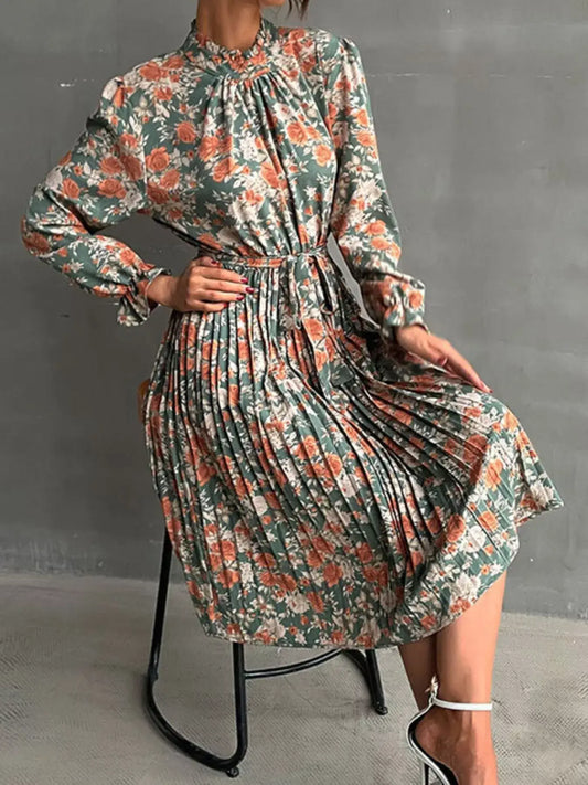 Floral Print Long Sleeve Pleated Midi Dress for elegant women, featuring pleats and floral design, perfect for stylish occasions.