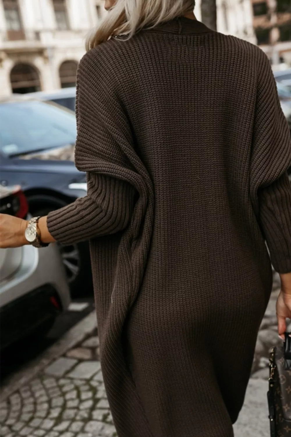 Waffle Knit Open Front Cardigan in dark brown, cozy and casual layer worn outdoors with cars in the background.