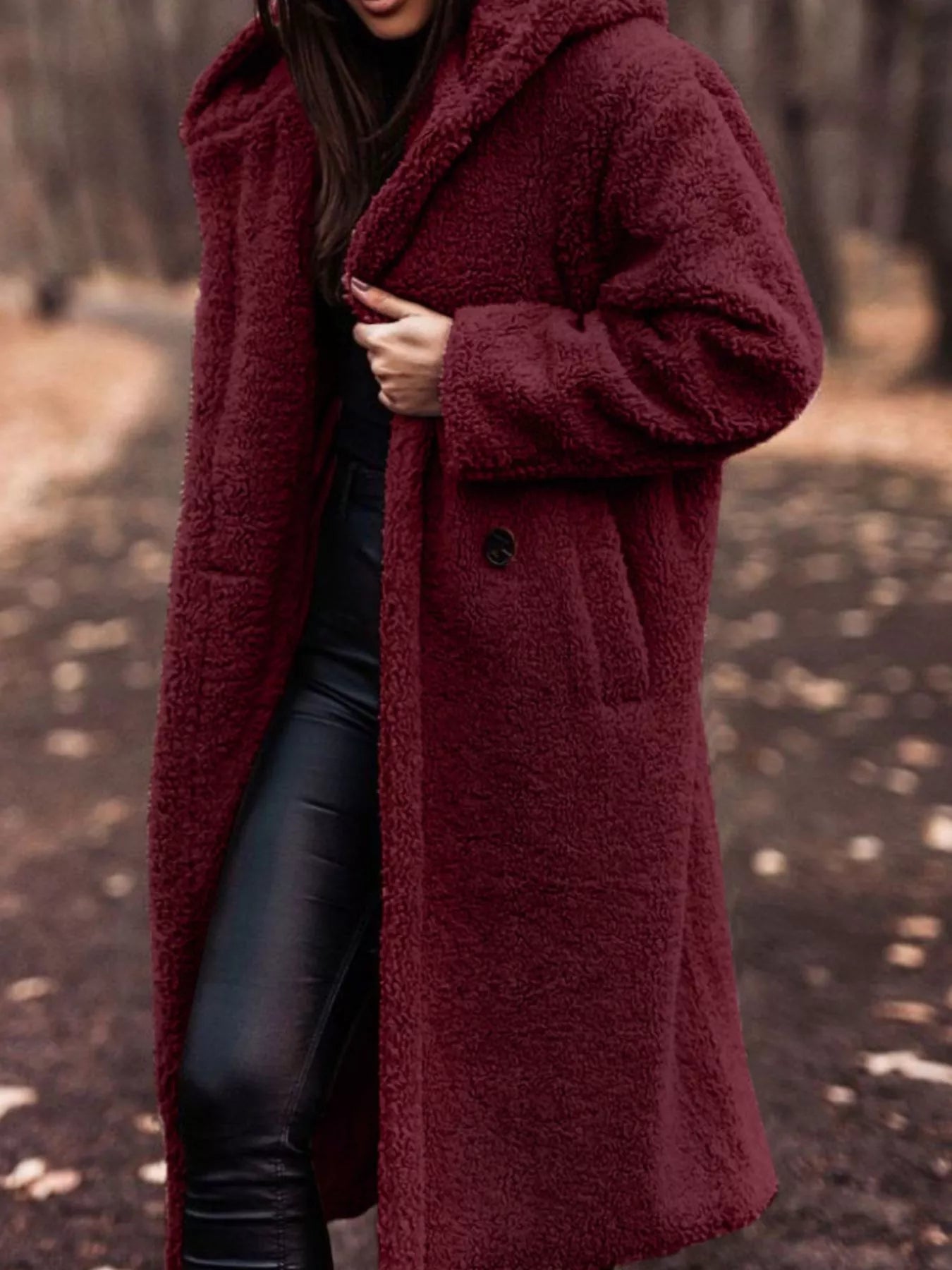 Teddy Bear Hooded Longline Outerwear in burgundy, featuring pockets and a cozy design for everyday style.