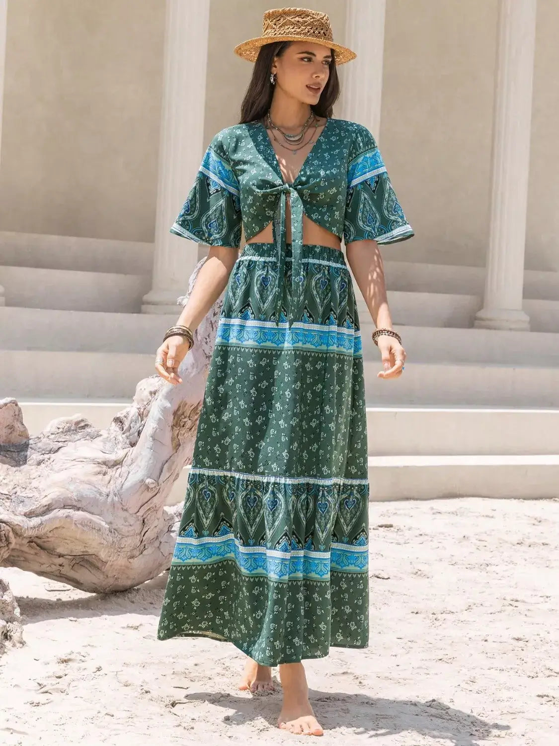 Tie Front Half Sleeve Top and Skirt Set for Women, featuring a trendy tie-front design and stylish half sleeves.