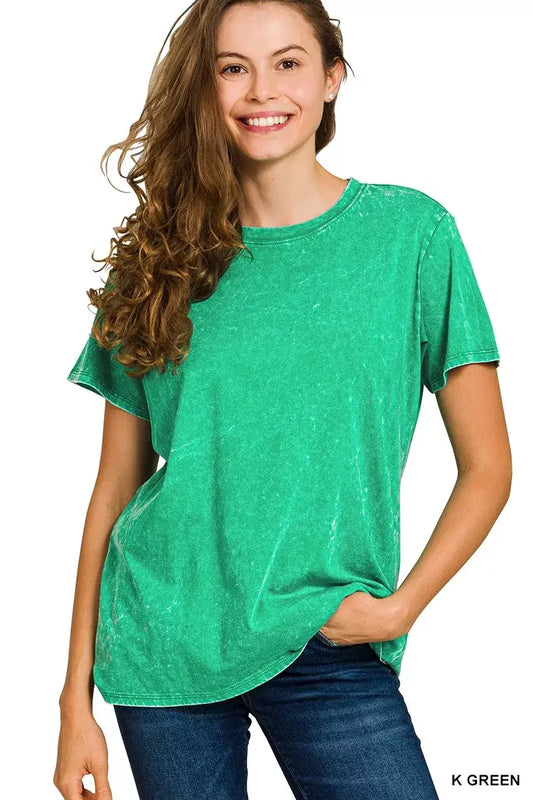 Model wearing Zenana Washed Short Sleeve T-Shirt in vibrant green color, showcasing casual everyday style.