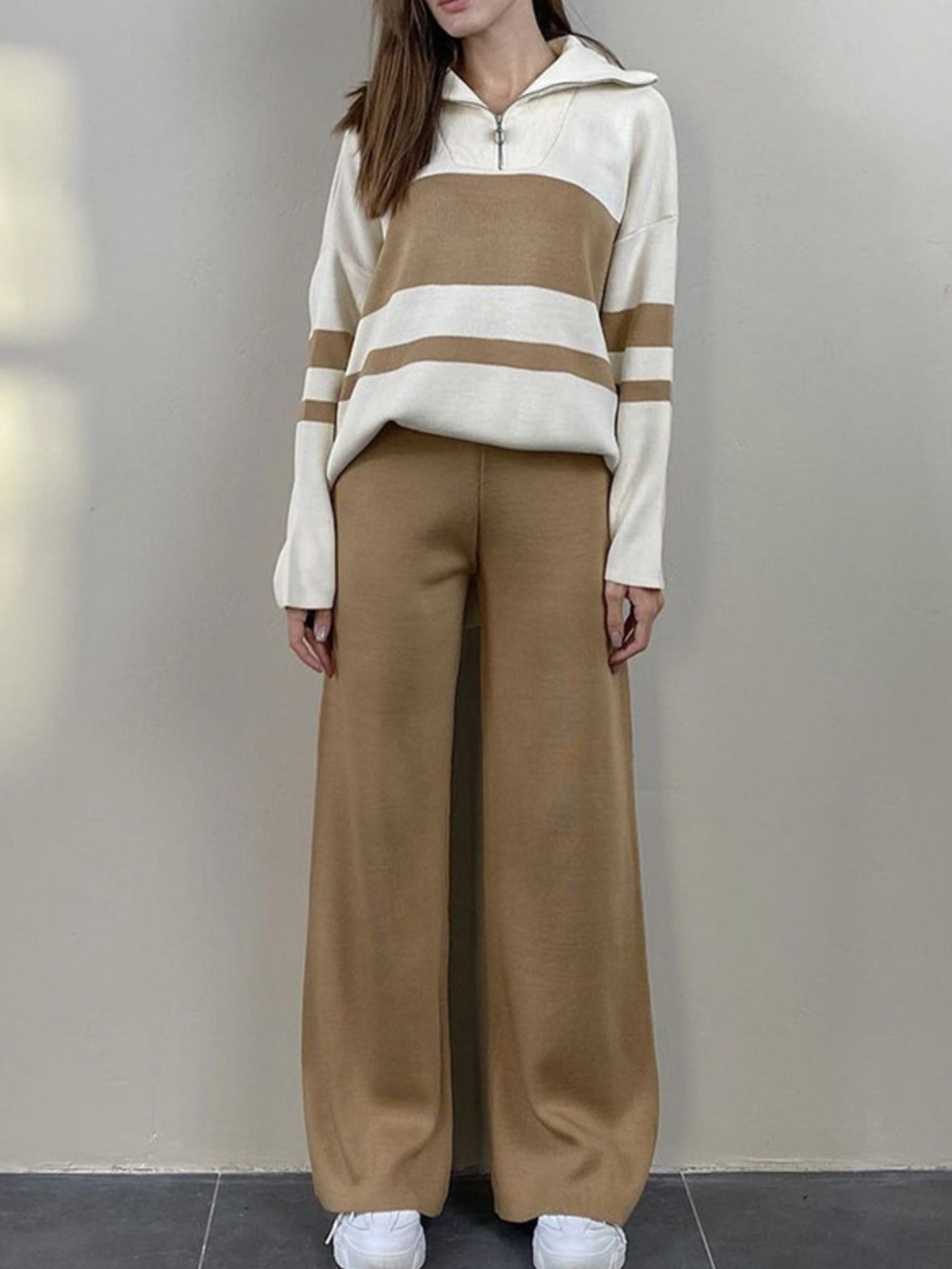 Long Sleeve Top and Pants Sweater Set Cozy Women’s Lounge Outfit in beige and cream colors.