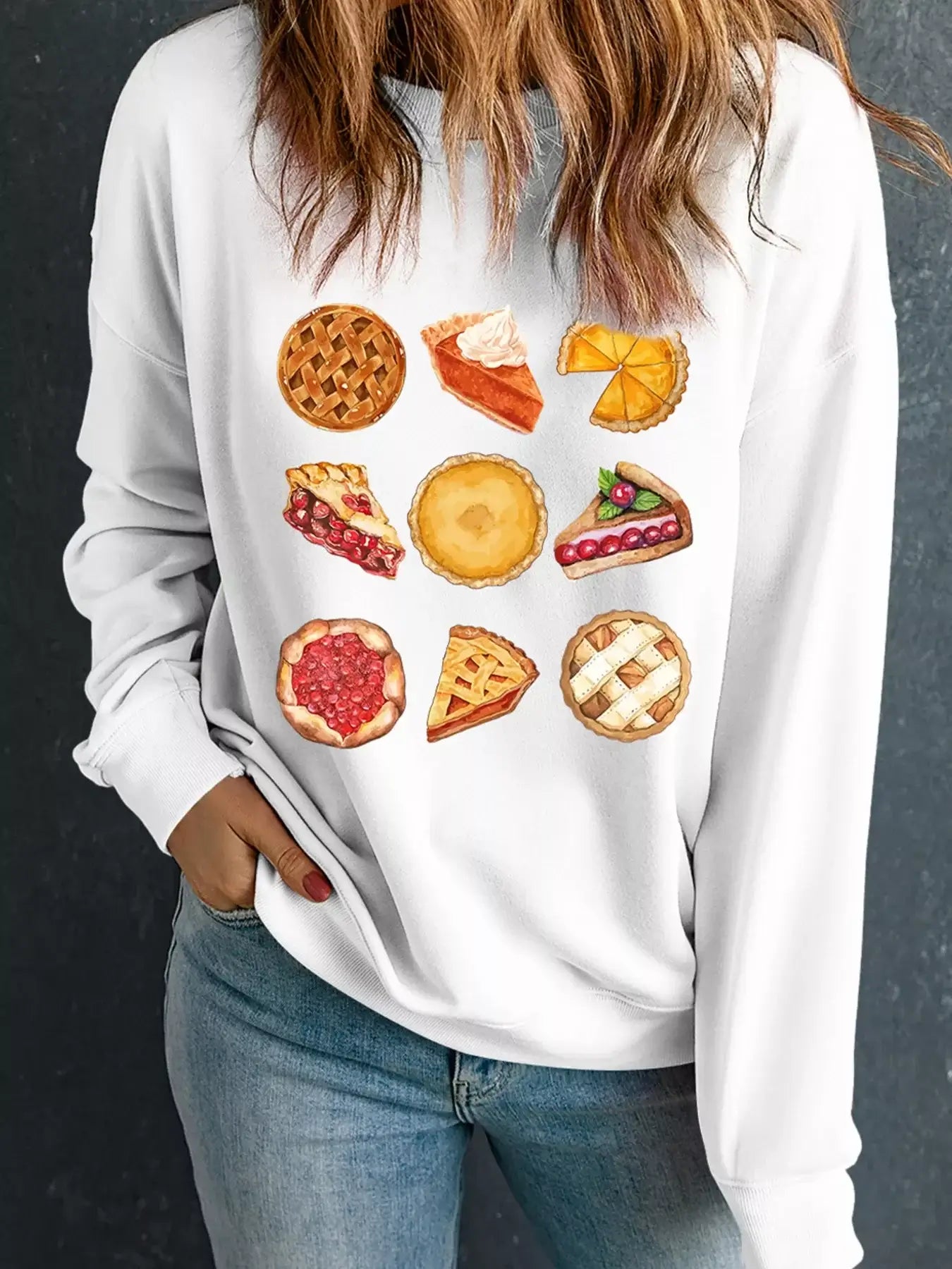 Yummy Pie Graphic Thanksgiving Sweatshirt featuring a colorful pie graphic for cozy fall days.