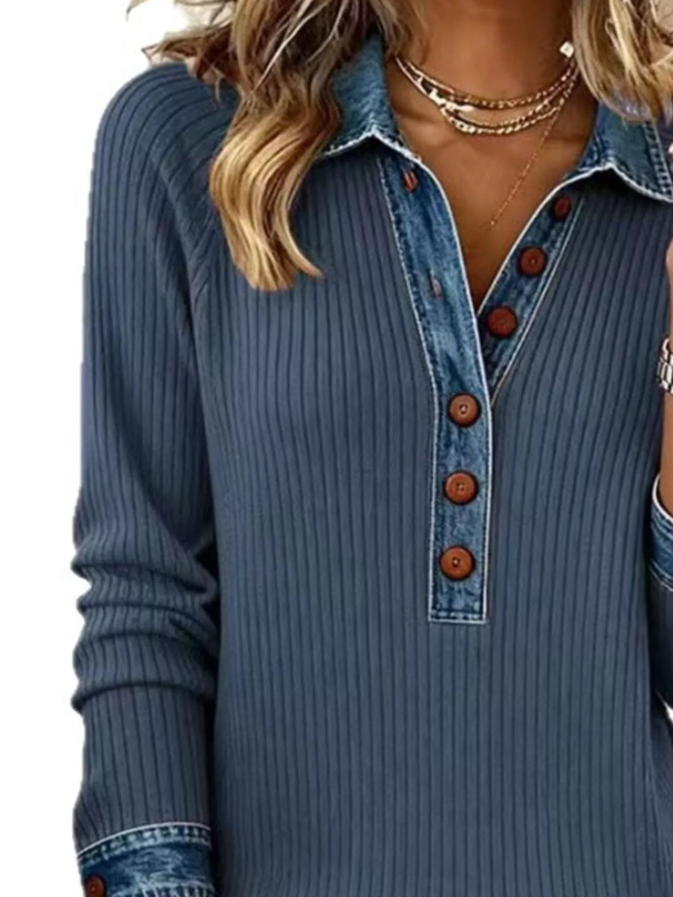 Denim Trim Button Front Ribbed Knit Top featuring a blue ribbed design and wooden buttons for a comfortable everyday style.