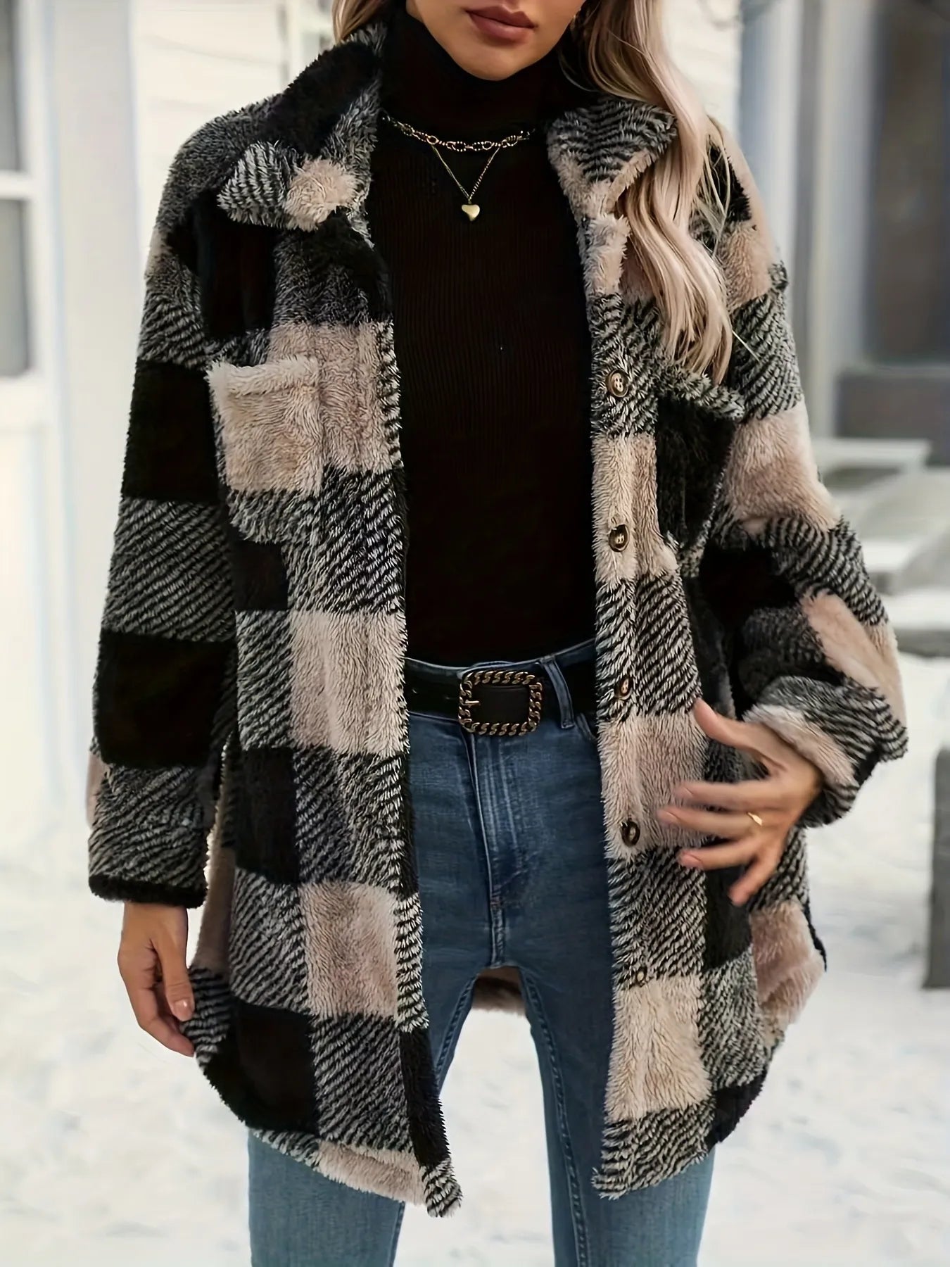 Button Down Collared Neck Plaid Teddy Coat with Pockets for Winter, oversized buttoned coat with pockets in plaid pattern.