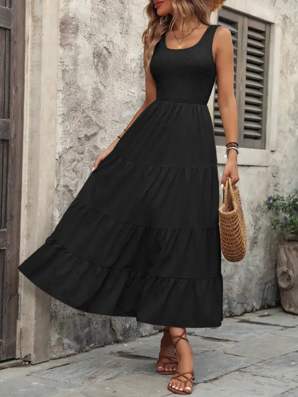 Ivy Lane Smocked Scoop Neck Sleeveless Tank Dress in black, featuring a chic tiered design and elegant scoop neckline.