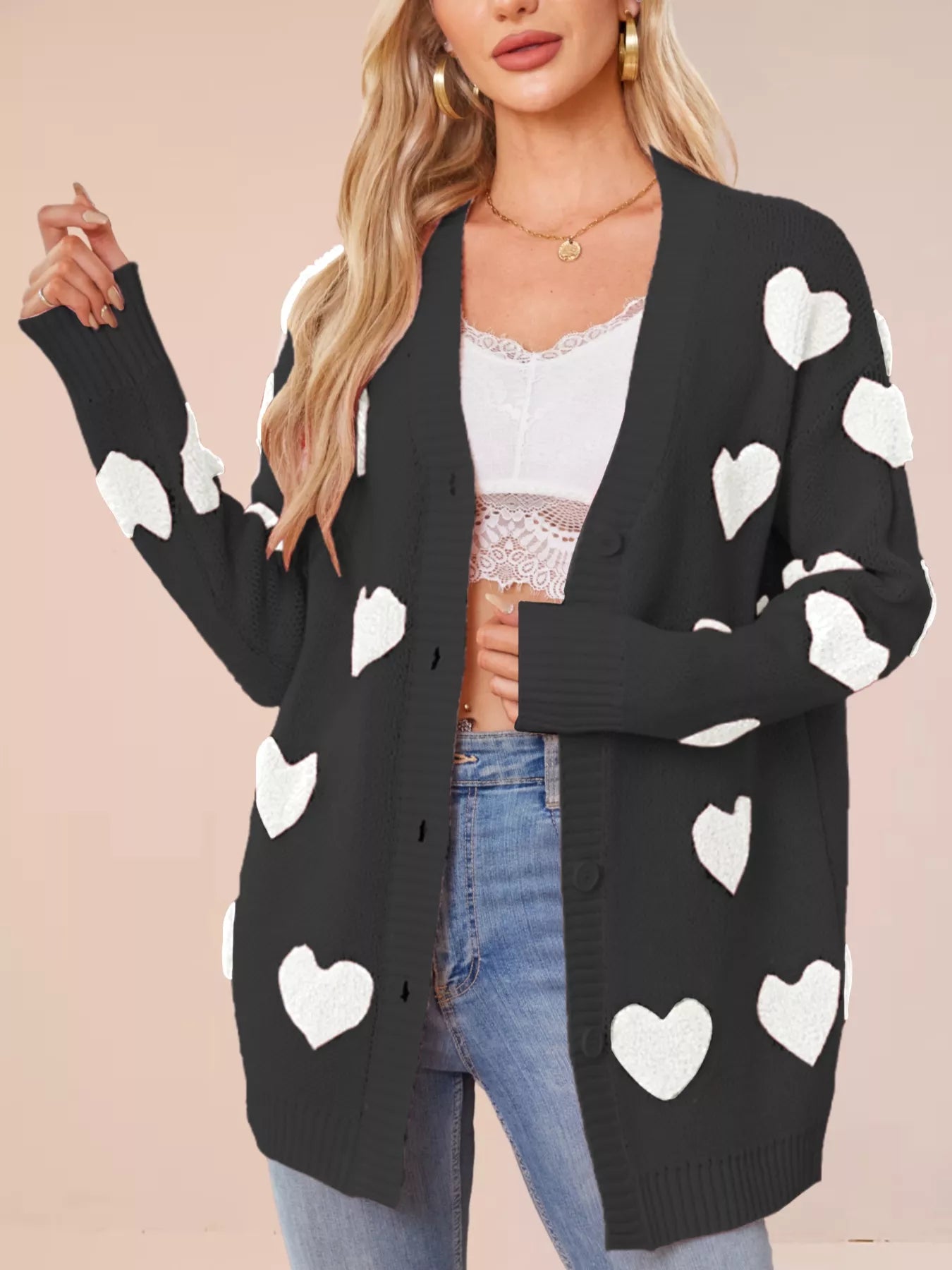Heart Pattern Knit Button Up Cardigan for Women in black with white hearts, styled with casual outfit.