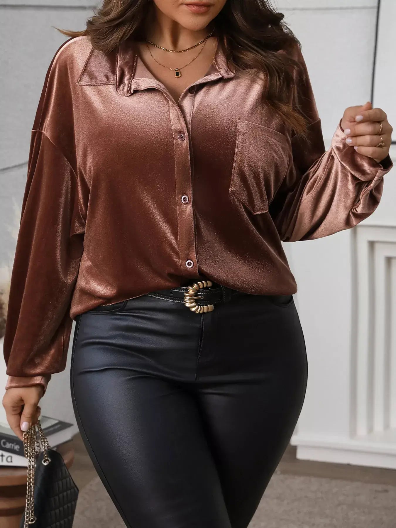 Plus Size Button-Down Long Sleeve Oversized Shirt in shiny bronze style paired with black leather pants.
