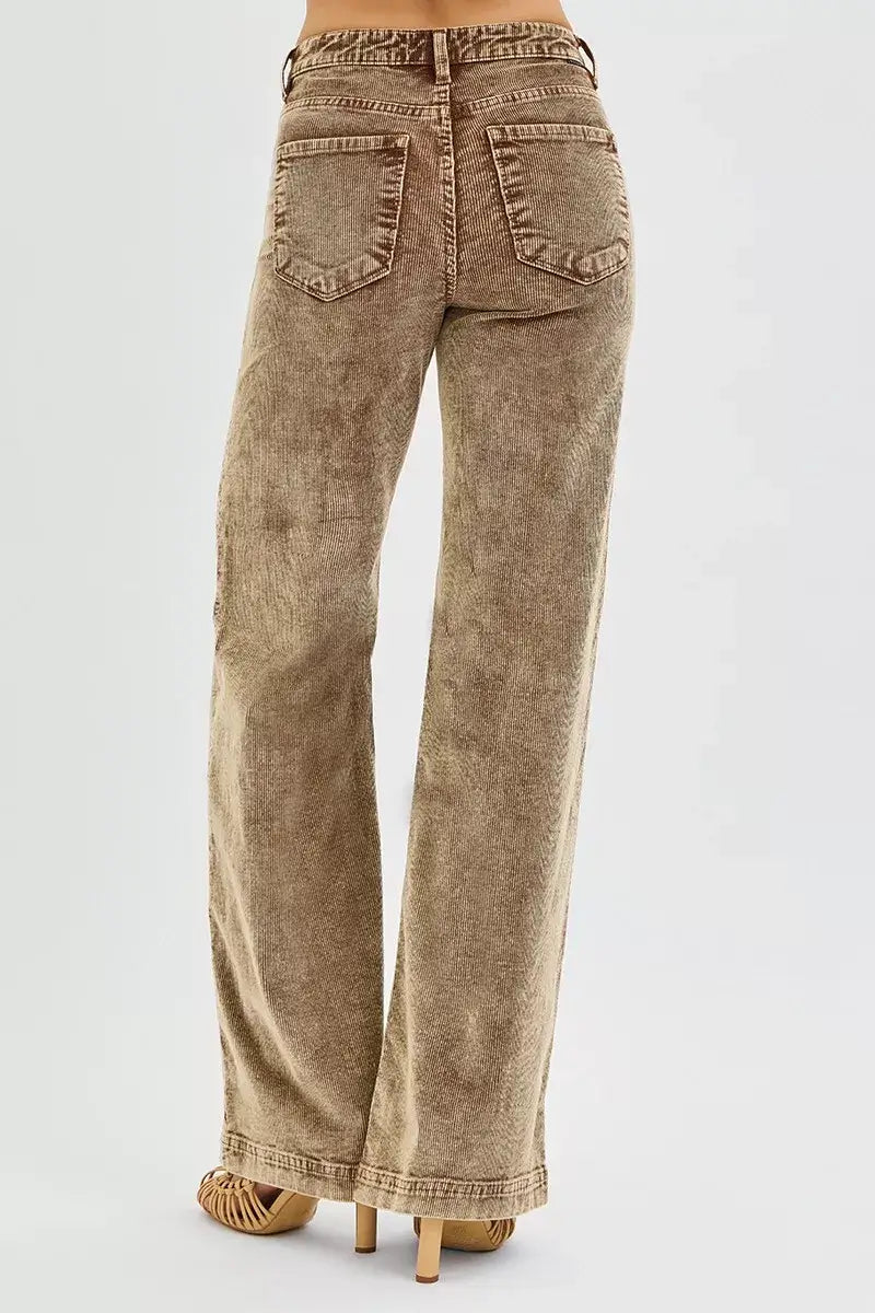 Back view of RISEN High Rise Wide Leg Corduroy Jeans showcasing soft fabric and flattering wide leg design.