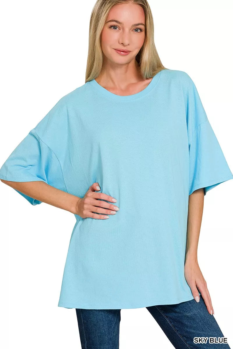 Zenana Cotton Short Sleeve Oversized Tunic Tee in sky blue worn by a model, showcasing its relaxed fit and comfort.