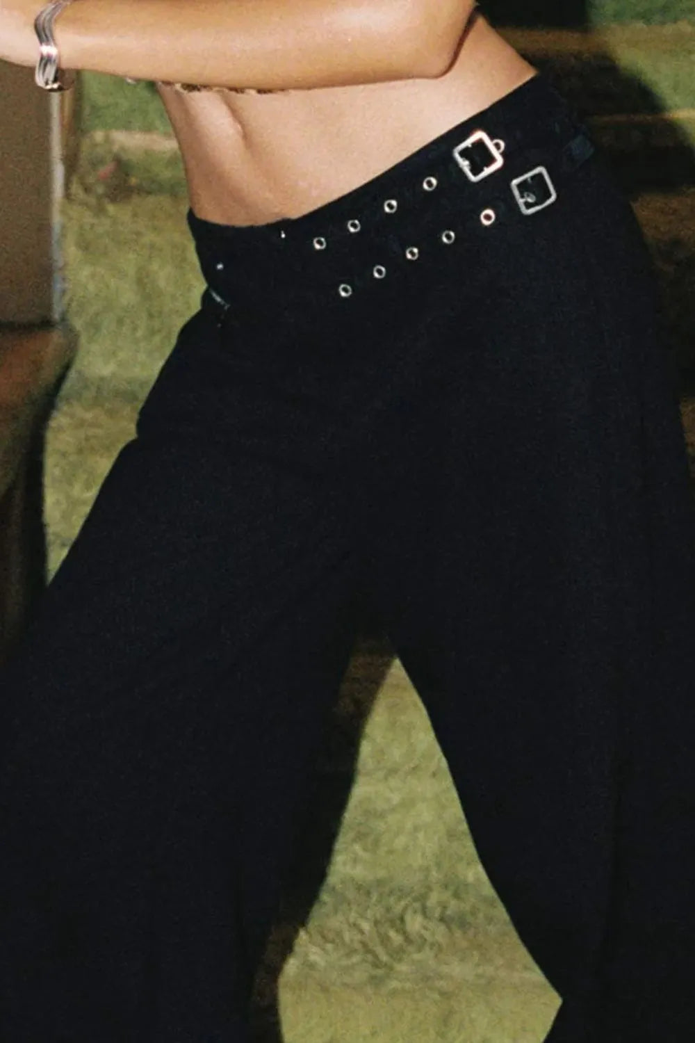 Wide Leg Jeans with Pockets, showing stylish buckled waistband for comfortable everyday wear.