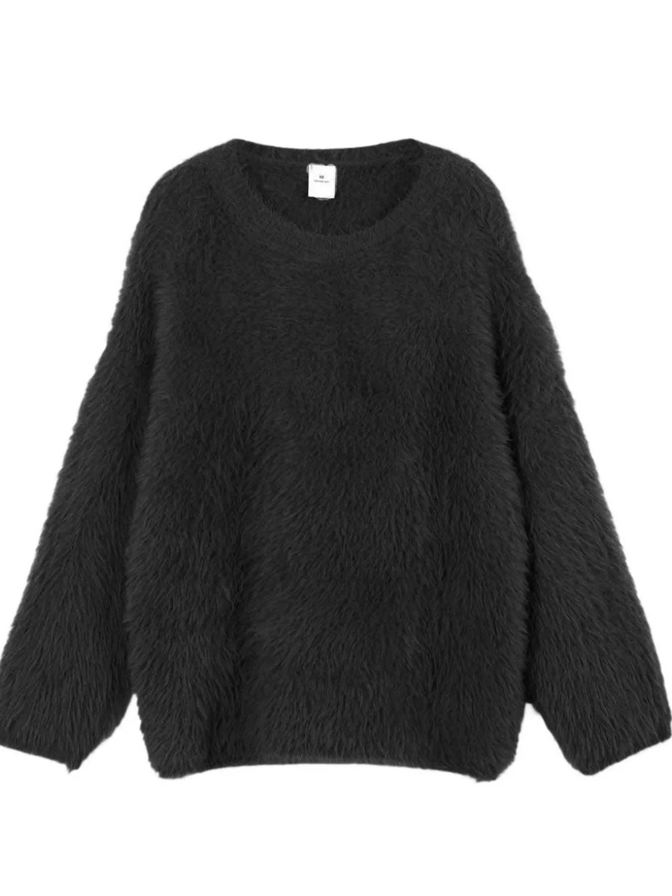 Fuzzy Round Neck Long Sleeve Sweater cozy women’s pullover in dark gray color, slightly stretchy and made of 100% polyester.