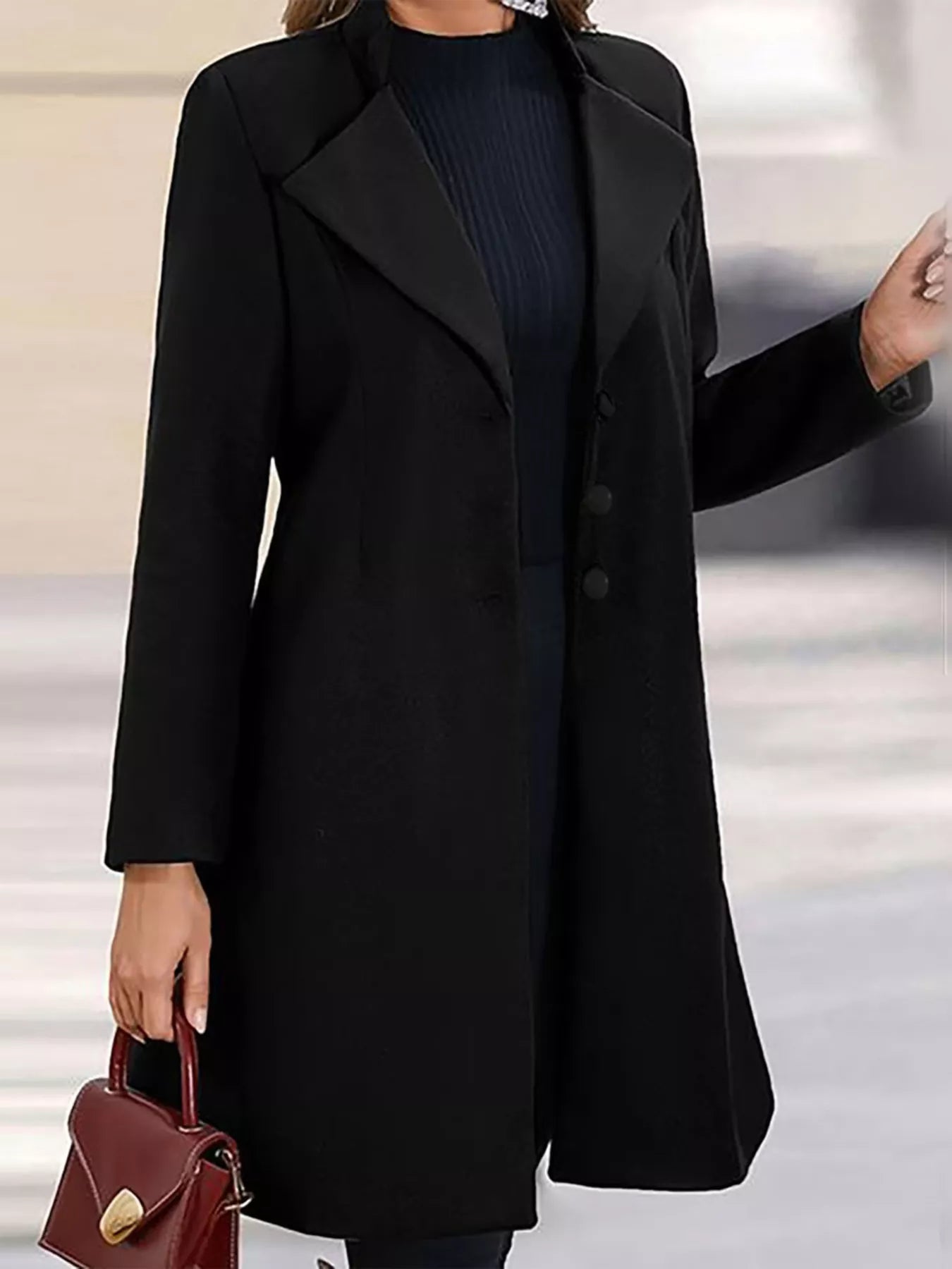 Full Size Single Breasted Long Sleeve Overcoat for Women, stylish black coat with buttons and lined body.