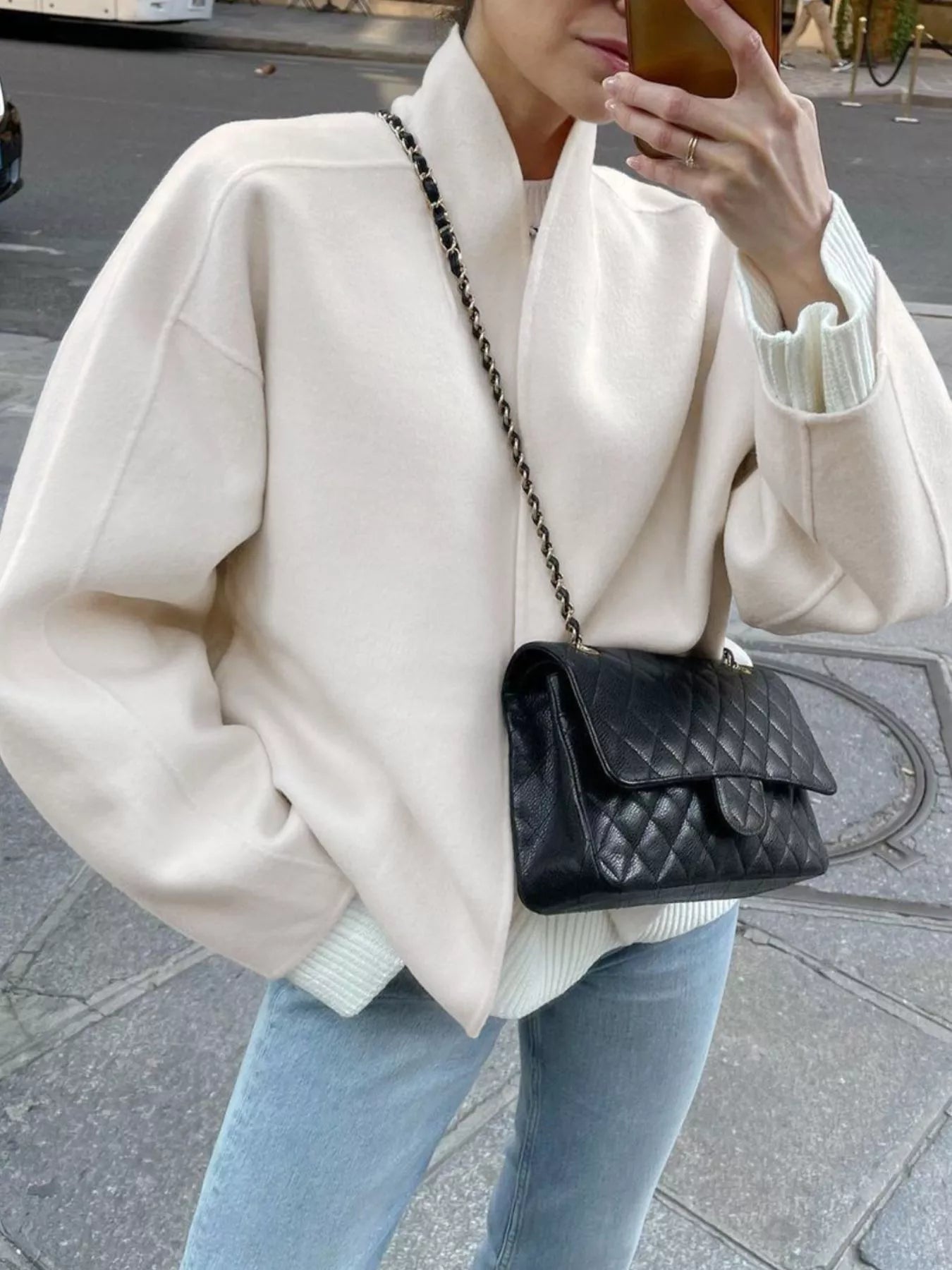 Open Front Dropped Shoulder Outerwear for Women, featuring a stylish beige design with a chic black handbag.