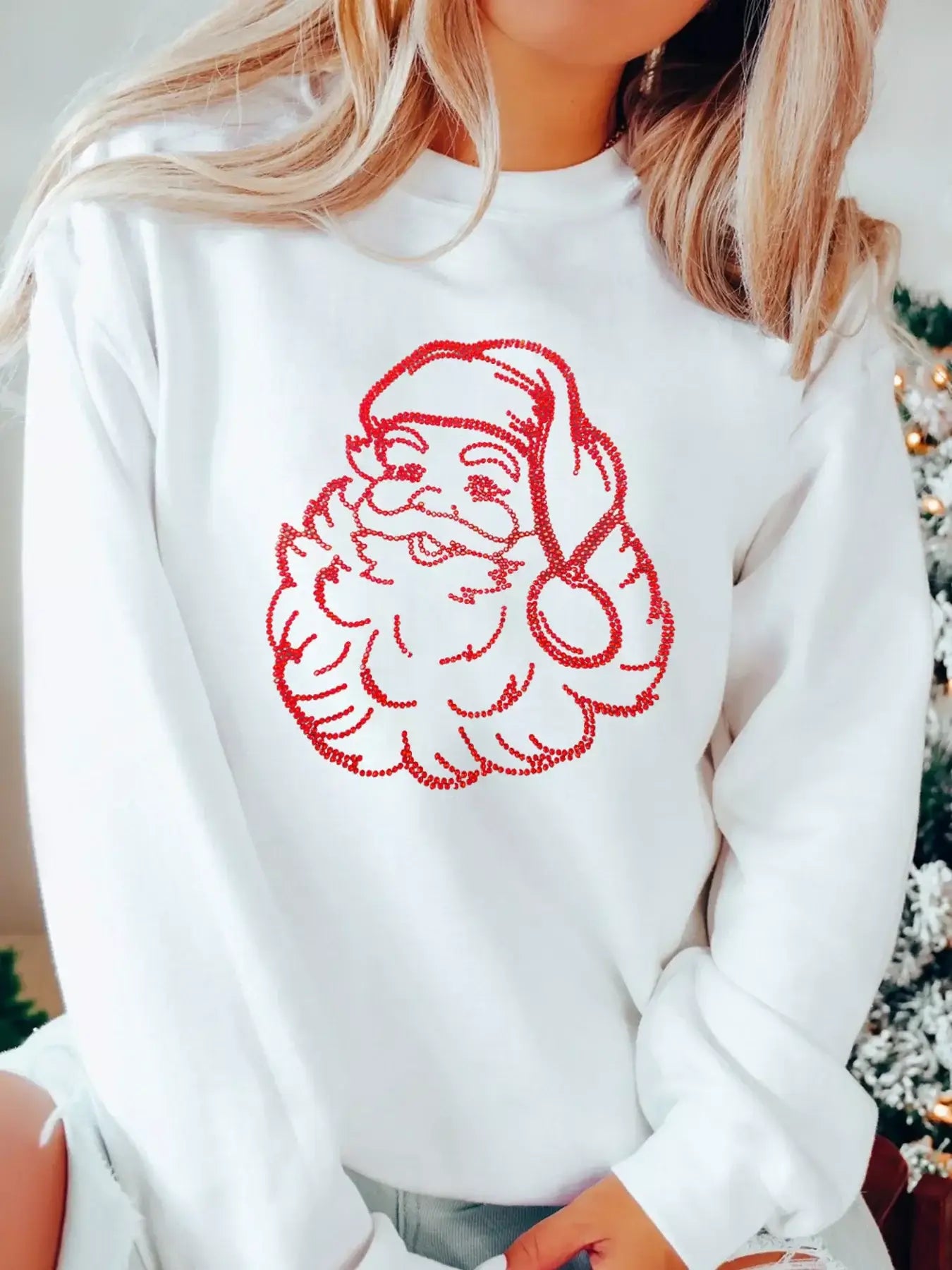 Christmas Santa Rhinestone Drop Shoulder Sweatshirt featuring a rhinestone Santa motif on a white background.