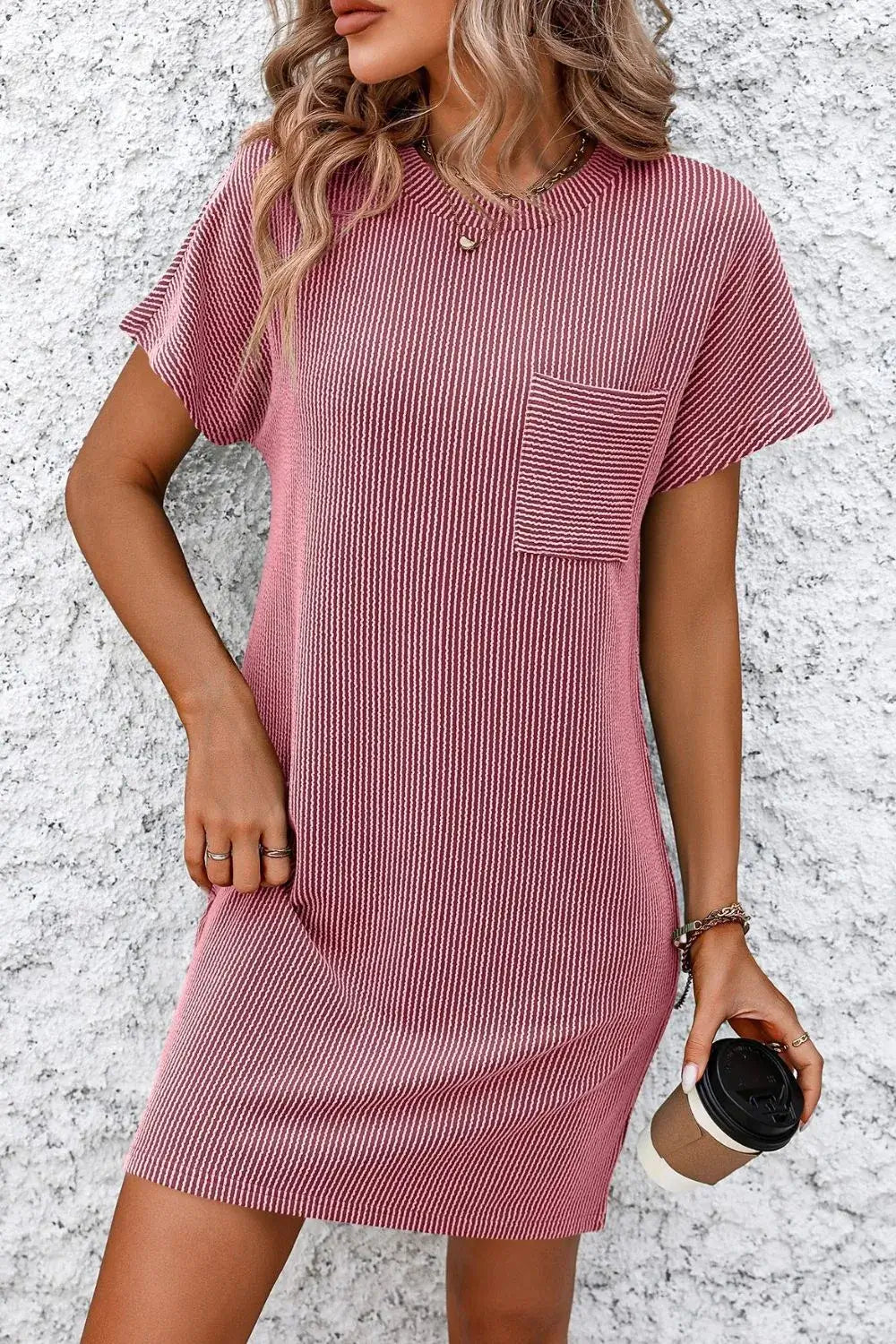 Mandy Ribbed Striped Short Sleeve Mini Tee Dress in pink, featuring a pocket and a casual everyday style.