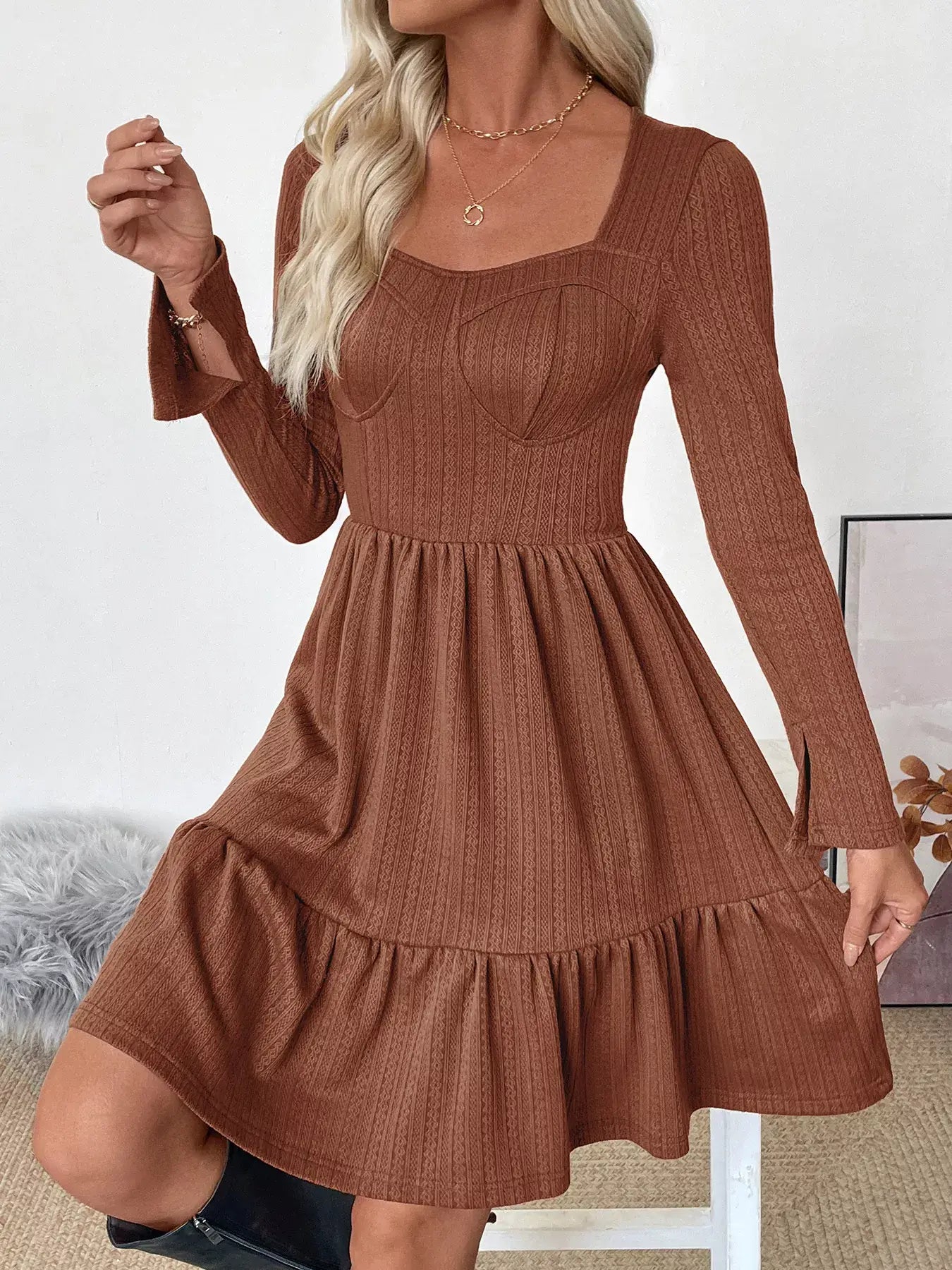Ruffled Hem Long Sleeve Knit Dress for Women in brown with stylish ruffled hem and long sleeves, perfect for any occasion.