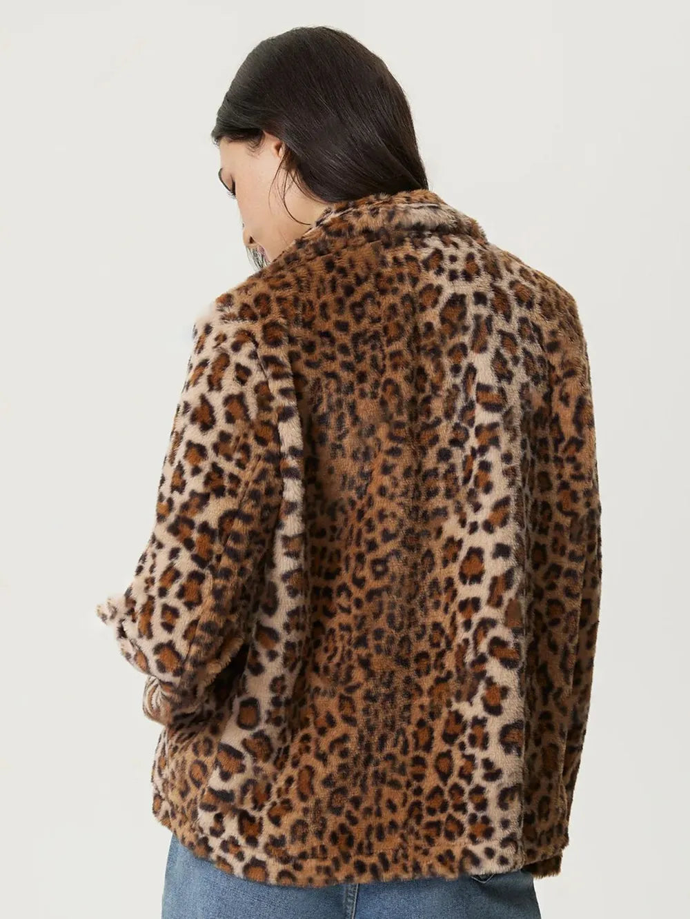 Fuzzy Leopard Collared Neck Jacket featuring a stylish back view with a leopard print pattern.