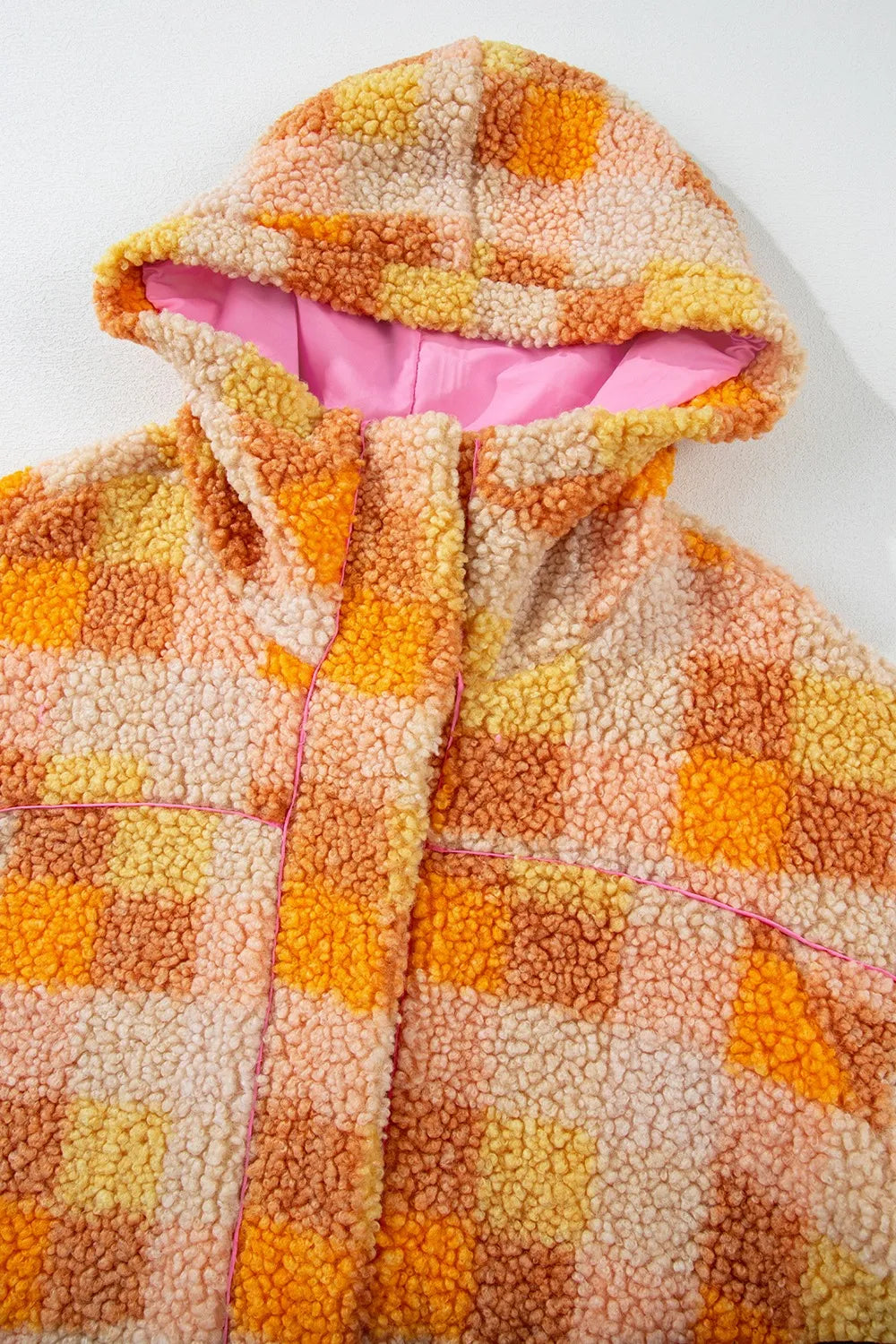 Checkered Long Sleeve Sherpa Hooded Jacket for cozy everyday wear in orange and yellow colors.