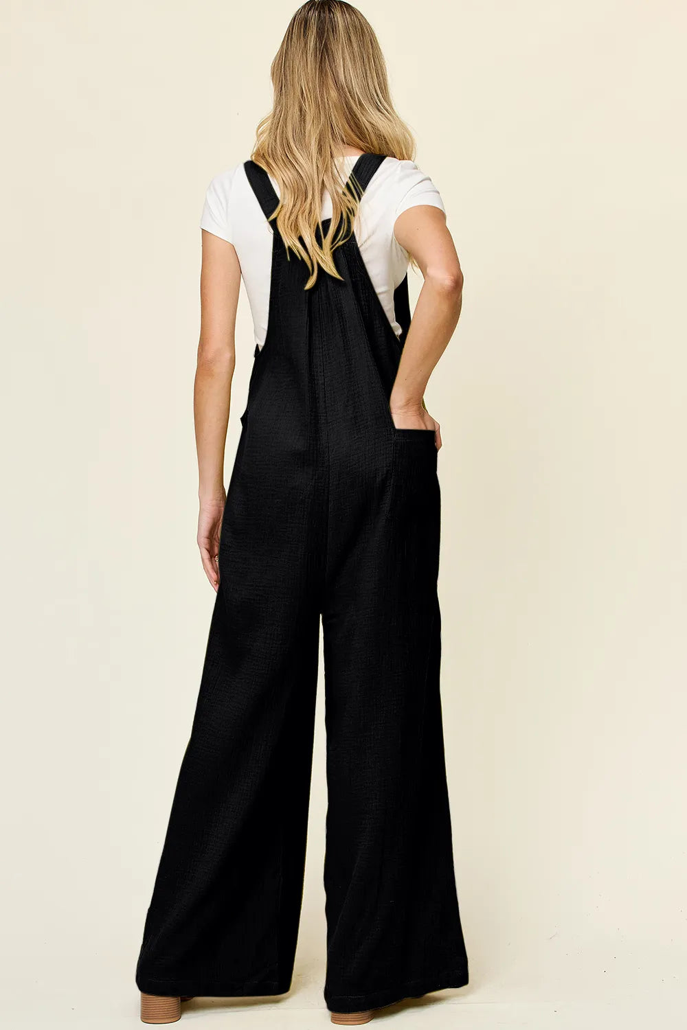Texture Wide Strap Wide Leg Overall in black, showcasing back view with pockets for casual everyday wear.