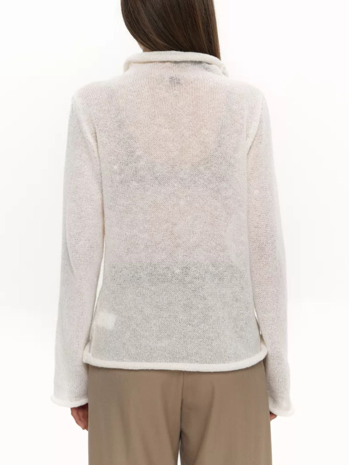 Back view of a Mock Neck Long Sleeve Sweater in soft fabric, showcasing its classic women's casual pullover style.