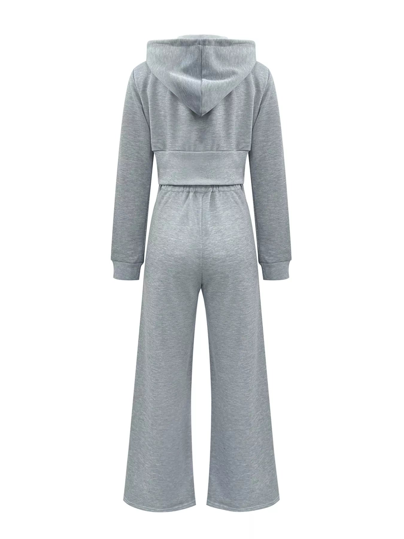 Casual Cropped Hoodie and Wide Leg Pants Set in grey, showcasing the back view of the outfit.