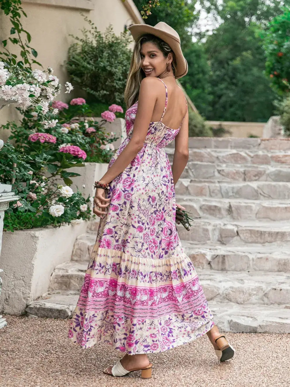 Tassel Printed V-Neck Maxi Dress shown from the back, featuring a floral design and tassel accents, ideal for summer style.