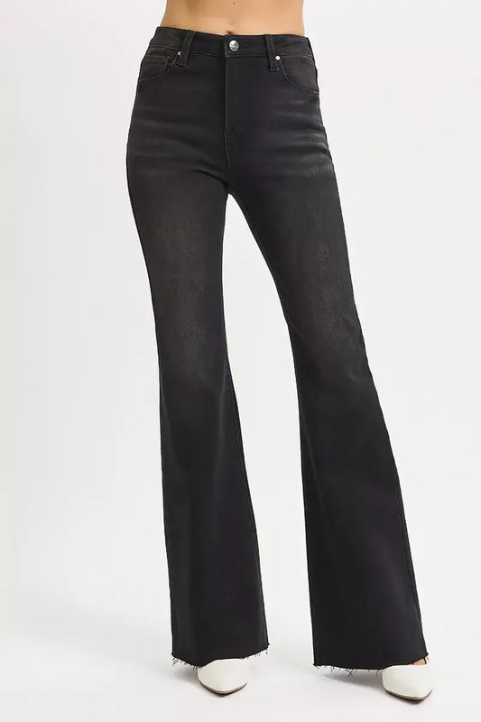 RISEN full size high rise flare jeans with raw cut hem, stylish and modern fit, perfect for plus size fashion.