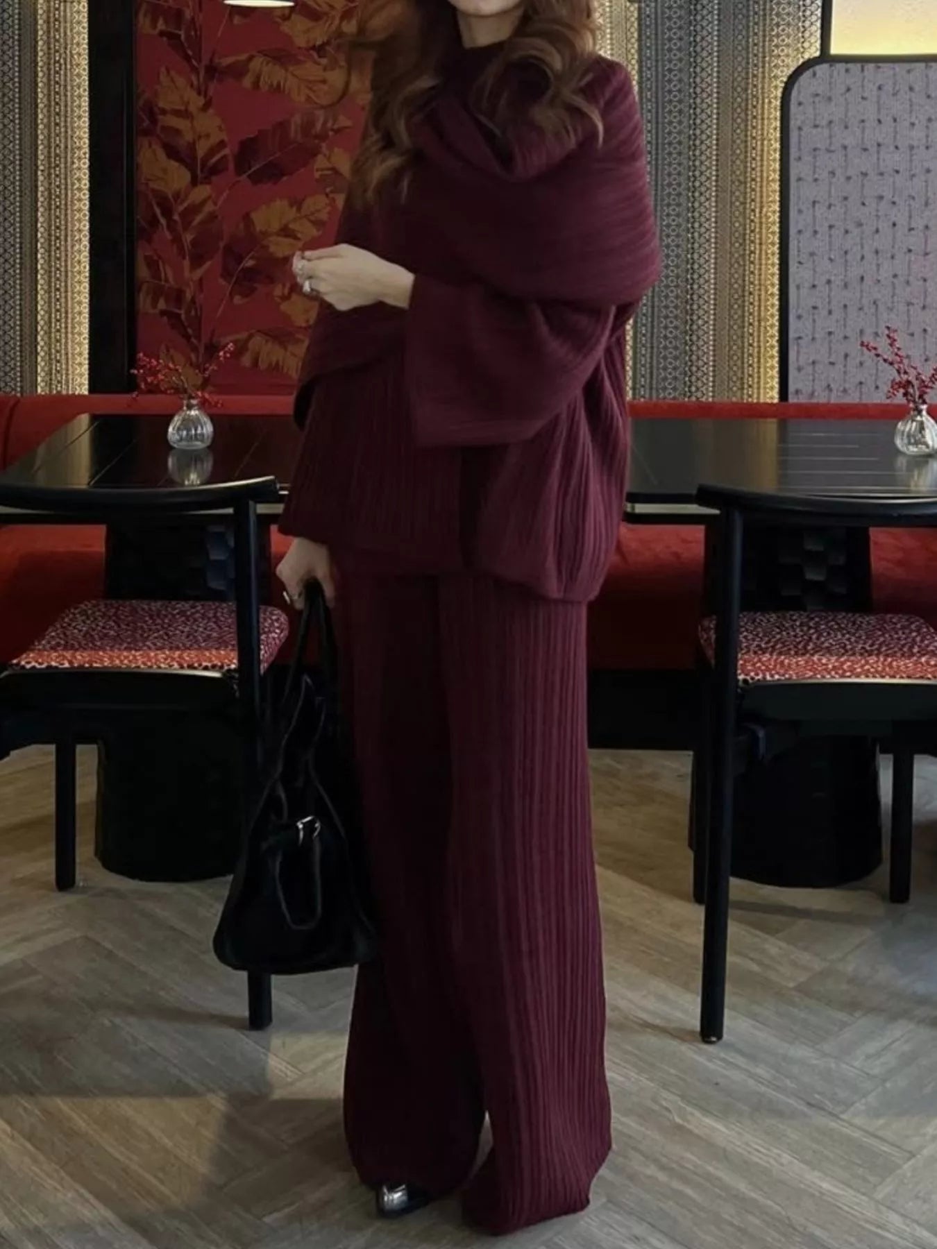 3 Piece Ribbed Sweater and Wide Leg Pants Set with Scarf styled in a modern indoor setting.