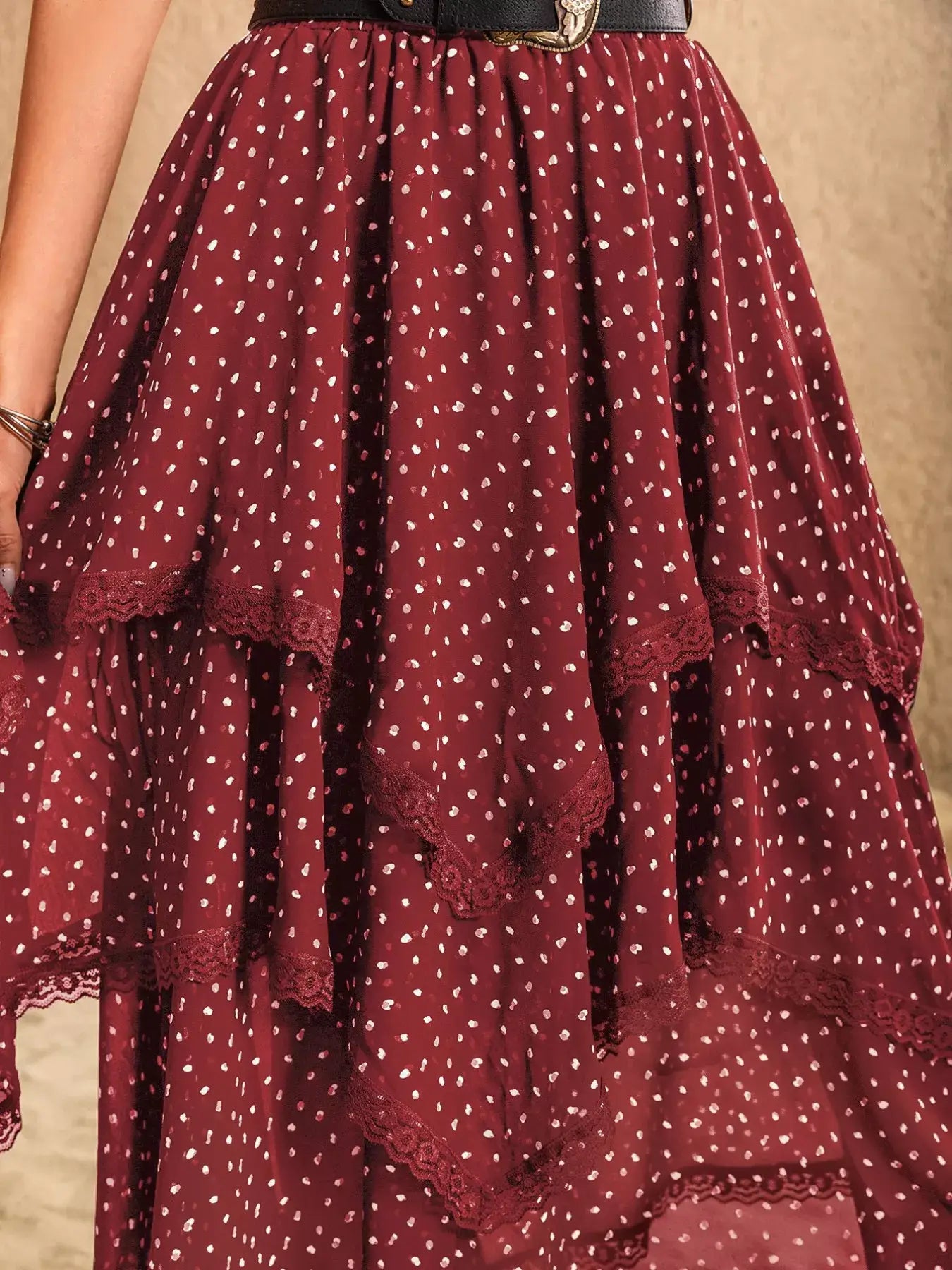 Lace Detail Layered Skirt in burgundy with polka dots and lace trim, perfect for elegant and feminine occasions.