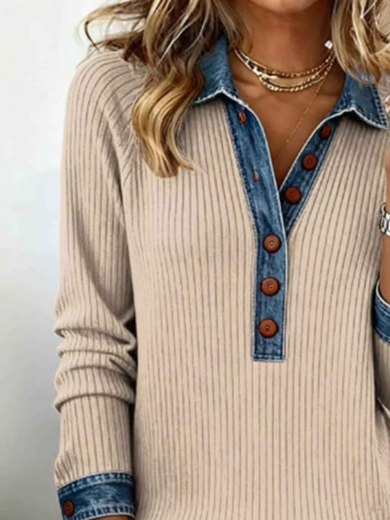 Denim Trim Button Front Ribbed Knit Top showcasing a stylish buttoned design with a light beige and denim color palette.