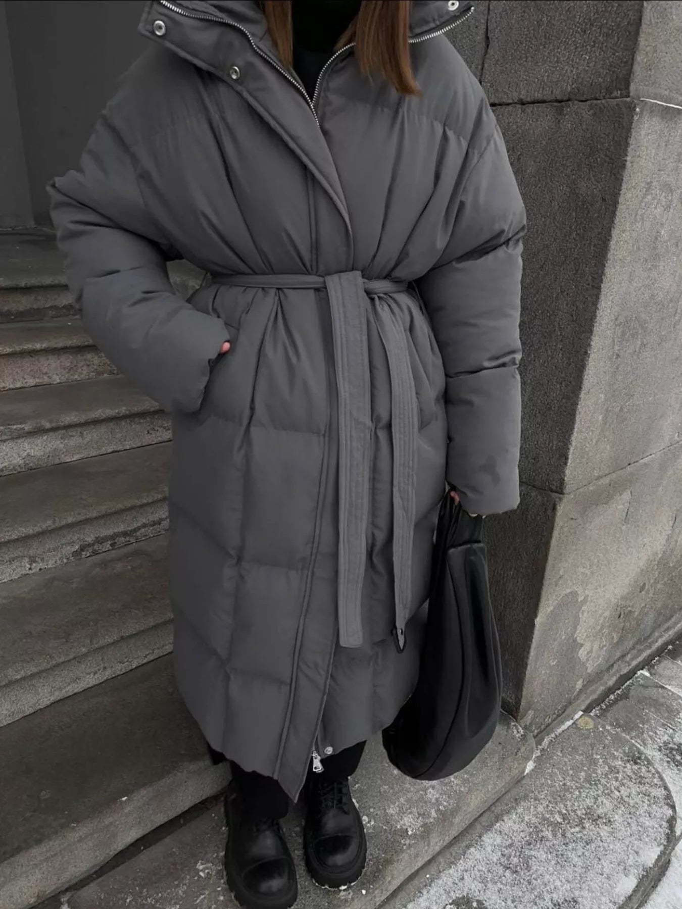 Longline Padded Winter Coat Belted Warm Women Jacket in gray color, featuring pocketed and zippered design.