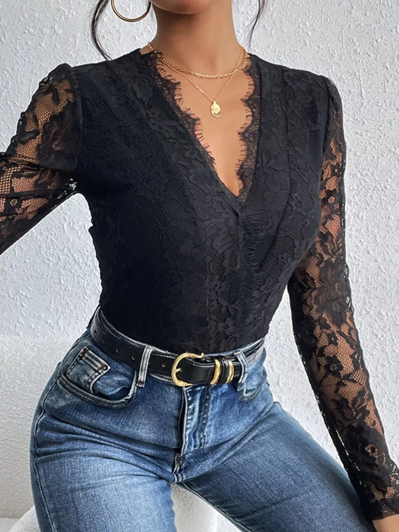 Lace V-Neck Long Sleeve Bodysuit featuring delicate lace detail and flattering silhouette in black