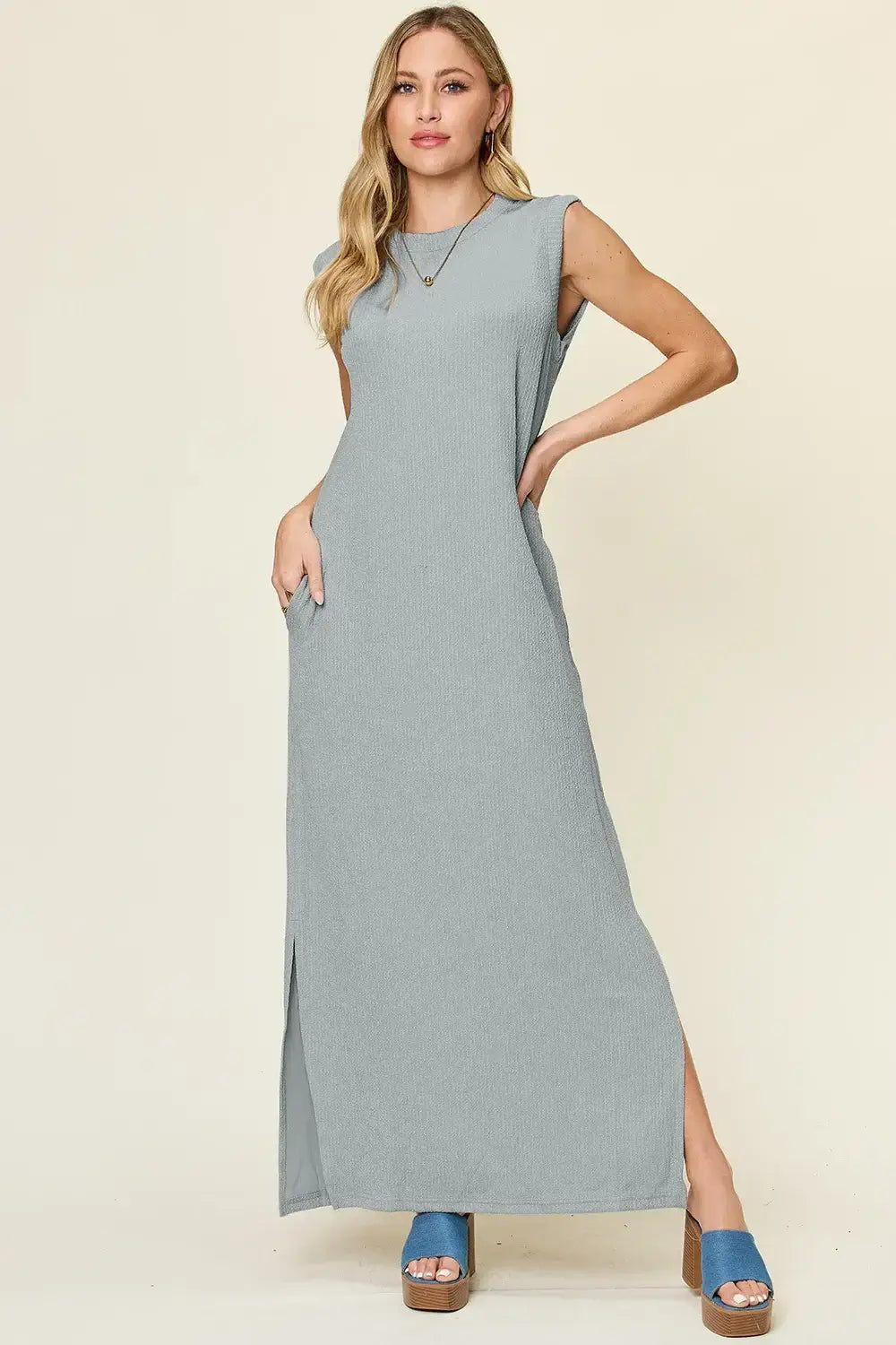 Double Take Full Size Mock Neck Sleeveless Maxi Dress in light blue with a modern design and side slit, perfect for casual wear.