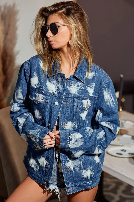 Woman wearing BiBi Washed Tie Dye Denim Jacket, oversized style with trendy tie-dye pattern and casual vibe.