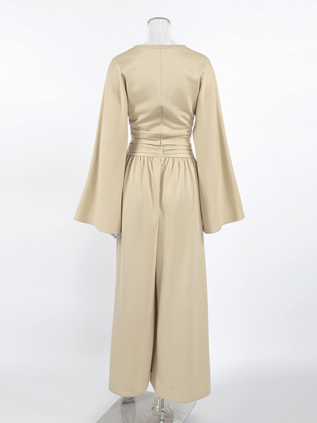 Back view of Round Neck Top and Wide Leg Pants Set – Chic Two Piece Outfit in beige with bell sleeves.