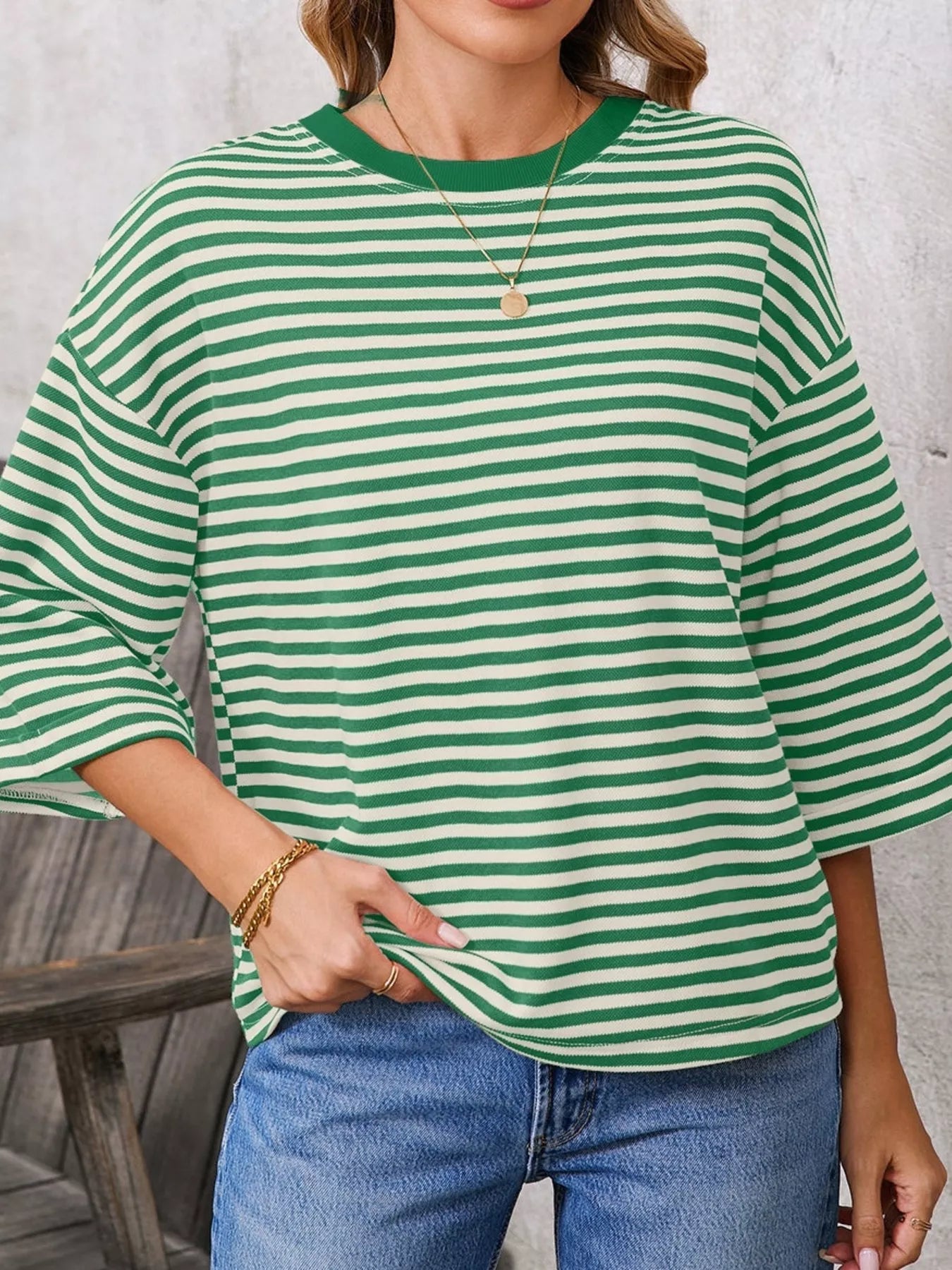 Striped Back Bow Tie T-Shirt featuring green and white stripes for casual everyday style.