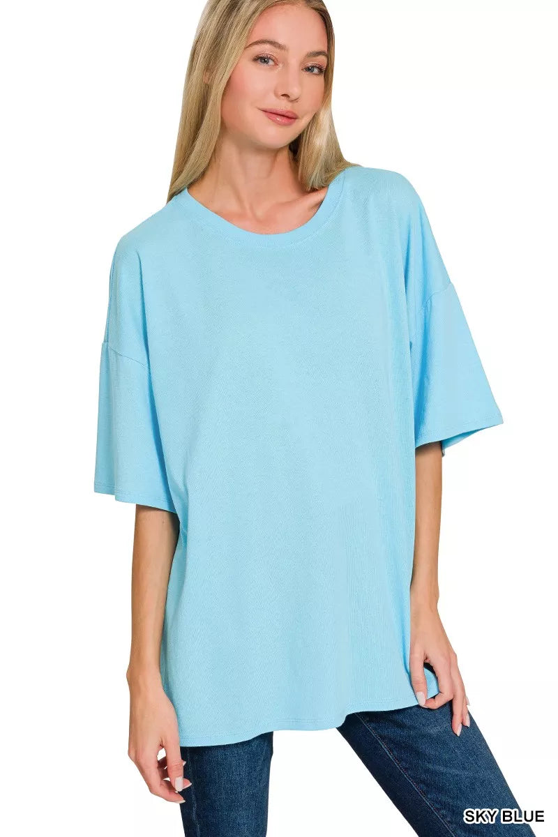 Zenana Cotton Short Sleeve Oversized Tunic Tee for Women in sky blue, showcasing a relaxed fit and soft cotton fabric.