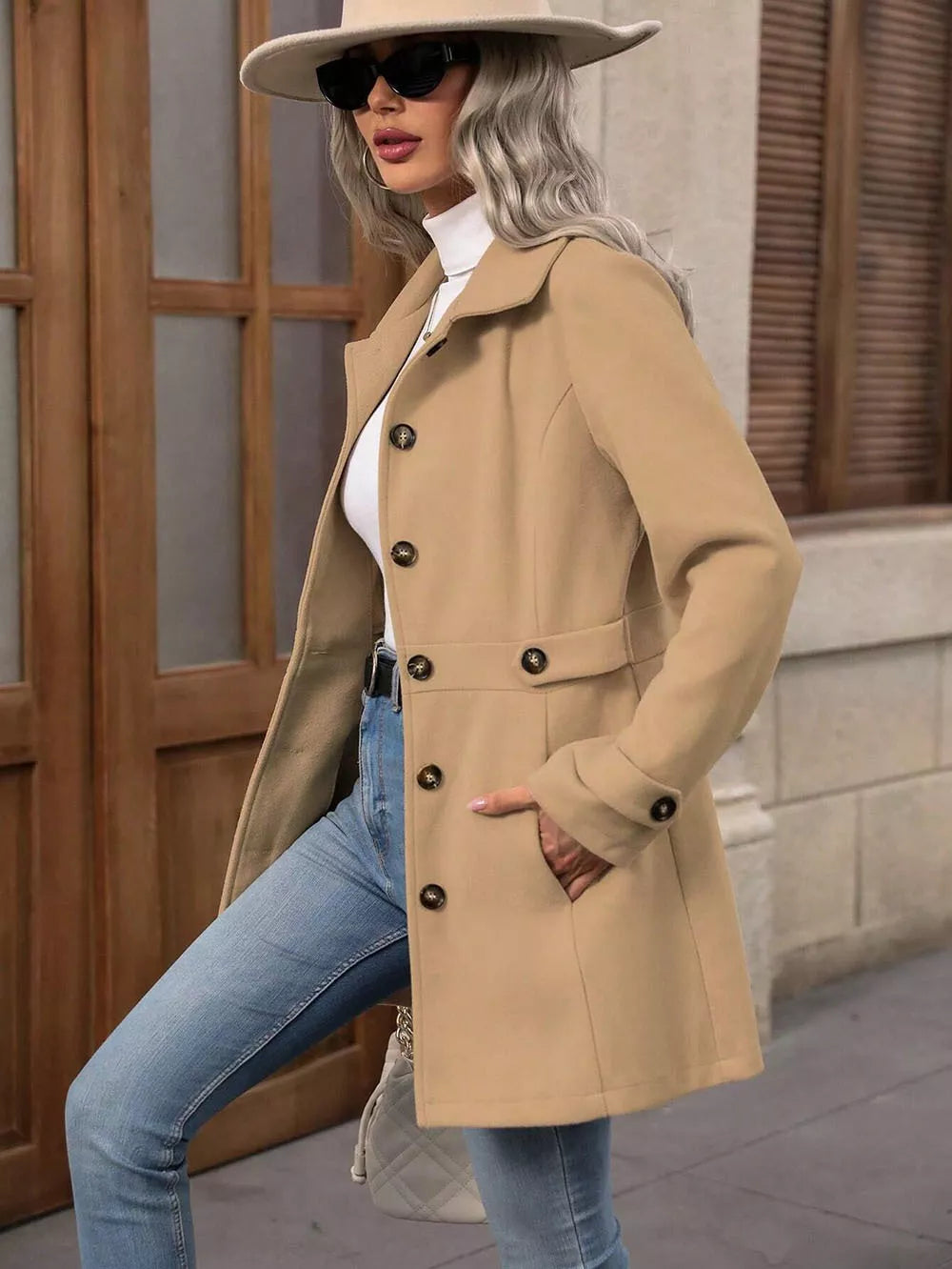 Model wearing a Collared Neck Button Up Coat in beige, styled with sunglasses and a hat, showcasing classic outerwear.