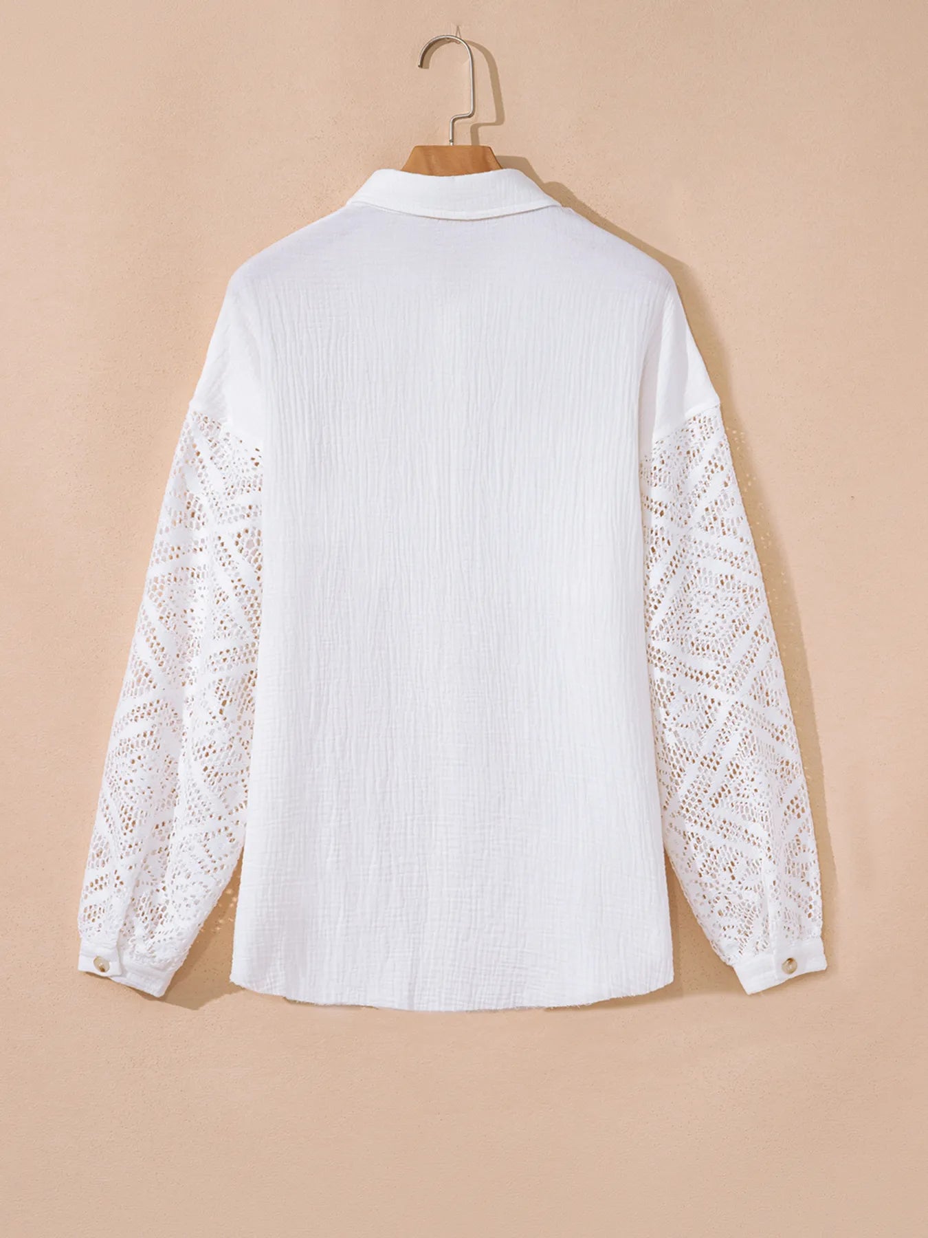 Lace Sleeve Button Down Shirt back view with eyelet lace detail on sleeves, perfect for elegant everyday style.