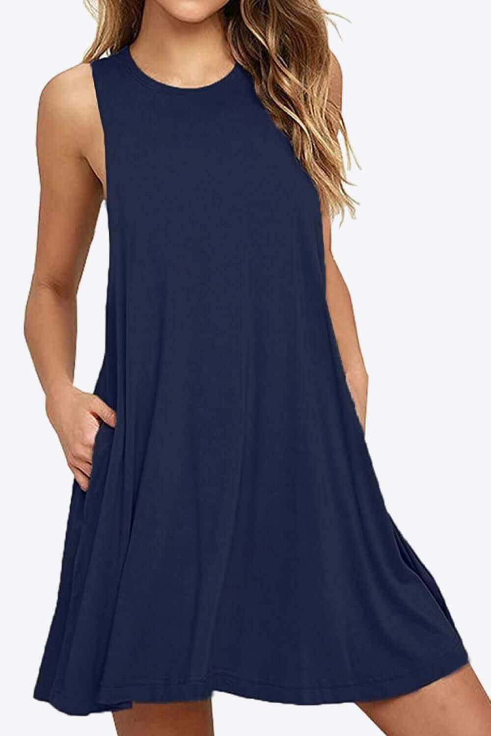 Full size navy blue round neck sleeveless dress with pockets, perfect for casual wear.