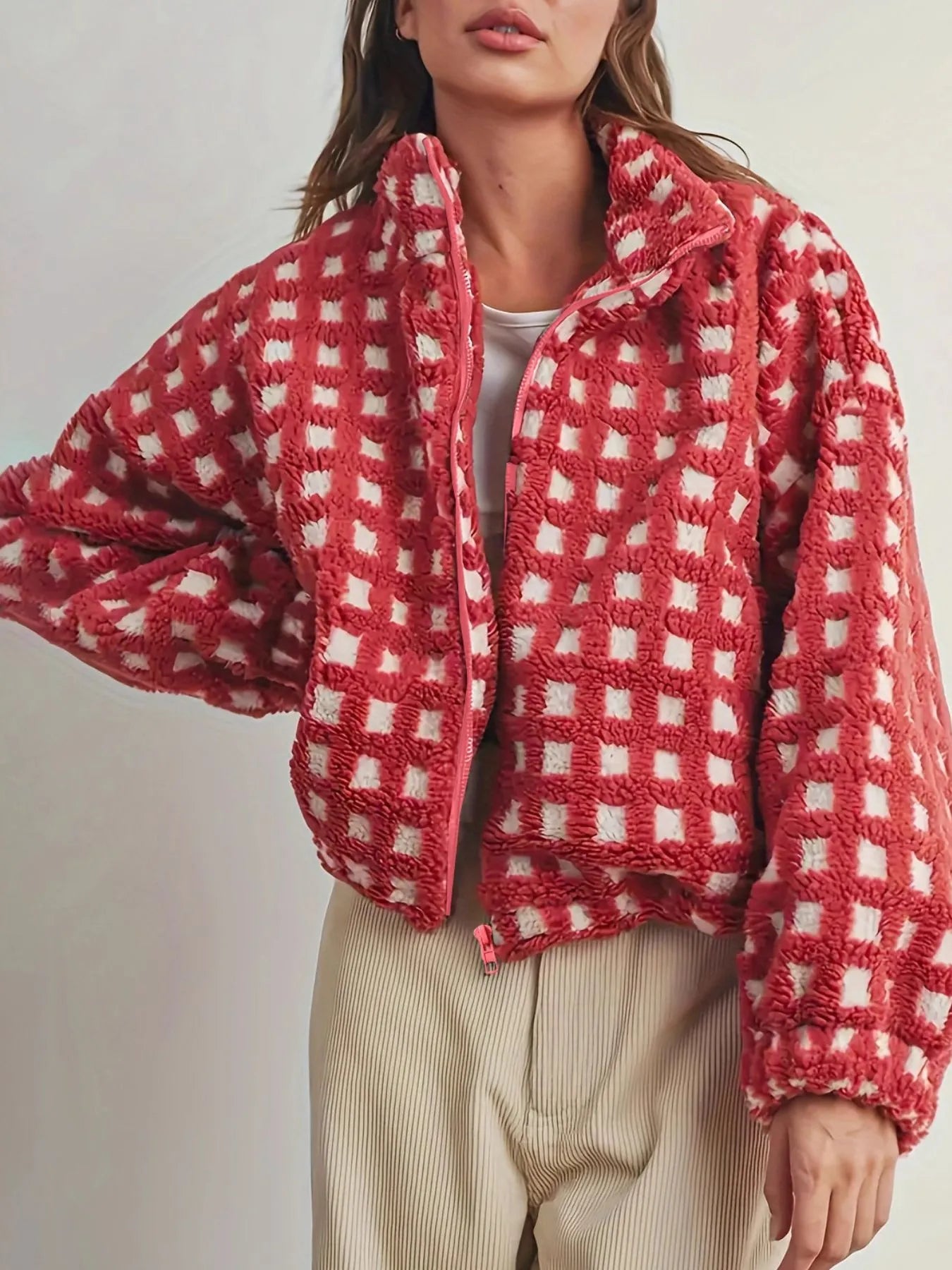Fleece Checkered Puff Sleeve Bomber Jacket featuring oversized fit and zipper closure in a cozy style.
