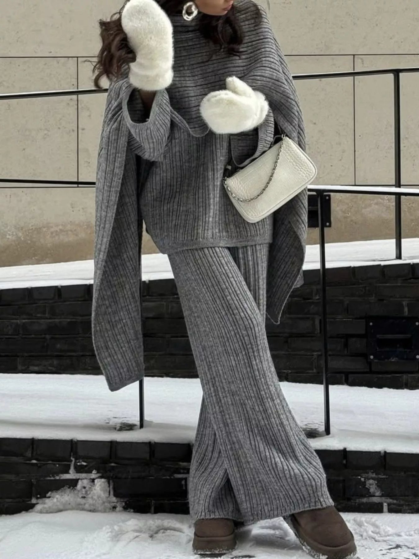 3 Piece Ribbed Sweater and Wide Leg Pants Set with Scarf in gray, featuring a cozy style for winter wear.