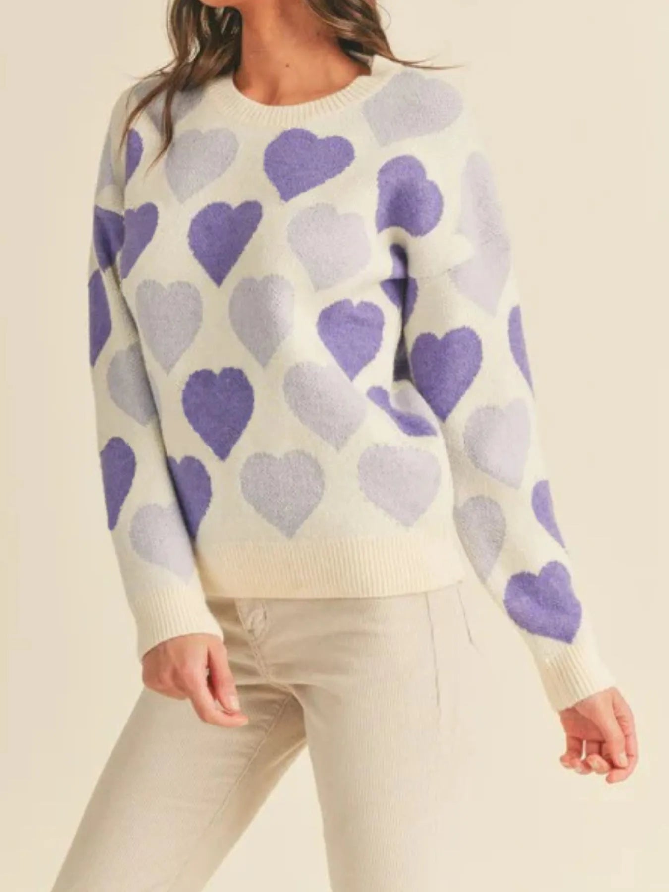 Heart Ribbed Hem Long Sleeve Sweater with purple heart patterns, ideal for everyday style.