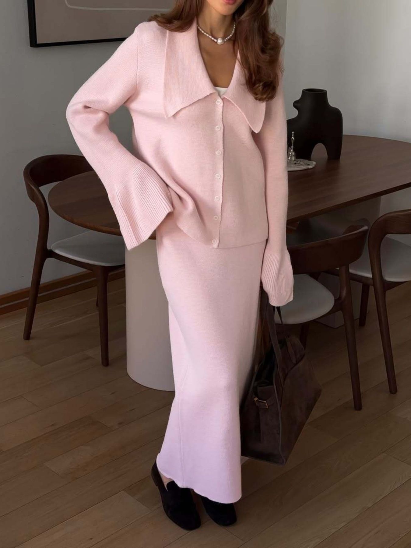Button Down Cardigan and Skirt Knit Set – Women's Two Piece Outfit in soft pink with ribbed design.