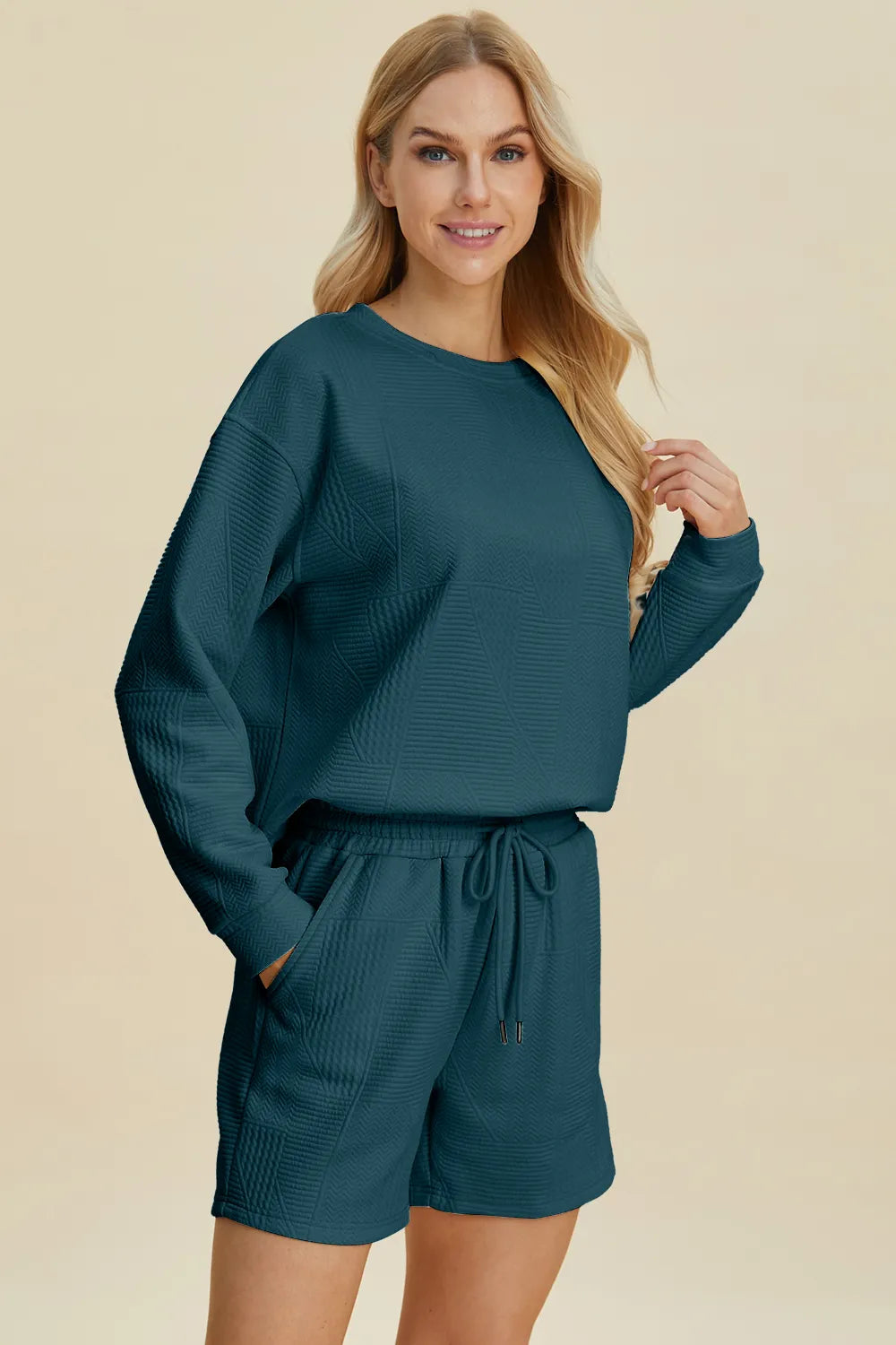 Double Take Full Size Texture Round Neck Top and Shorts Set in teal with drawstring and slightly stretchy fabric.