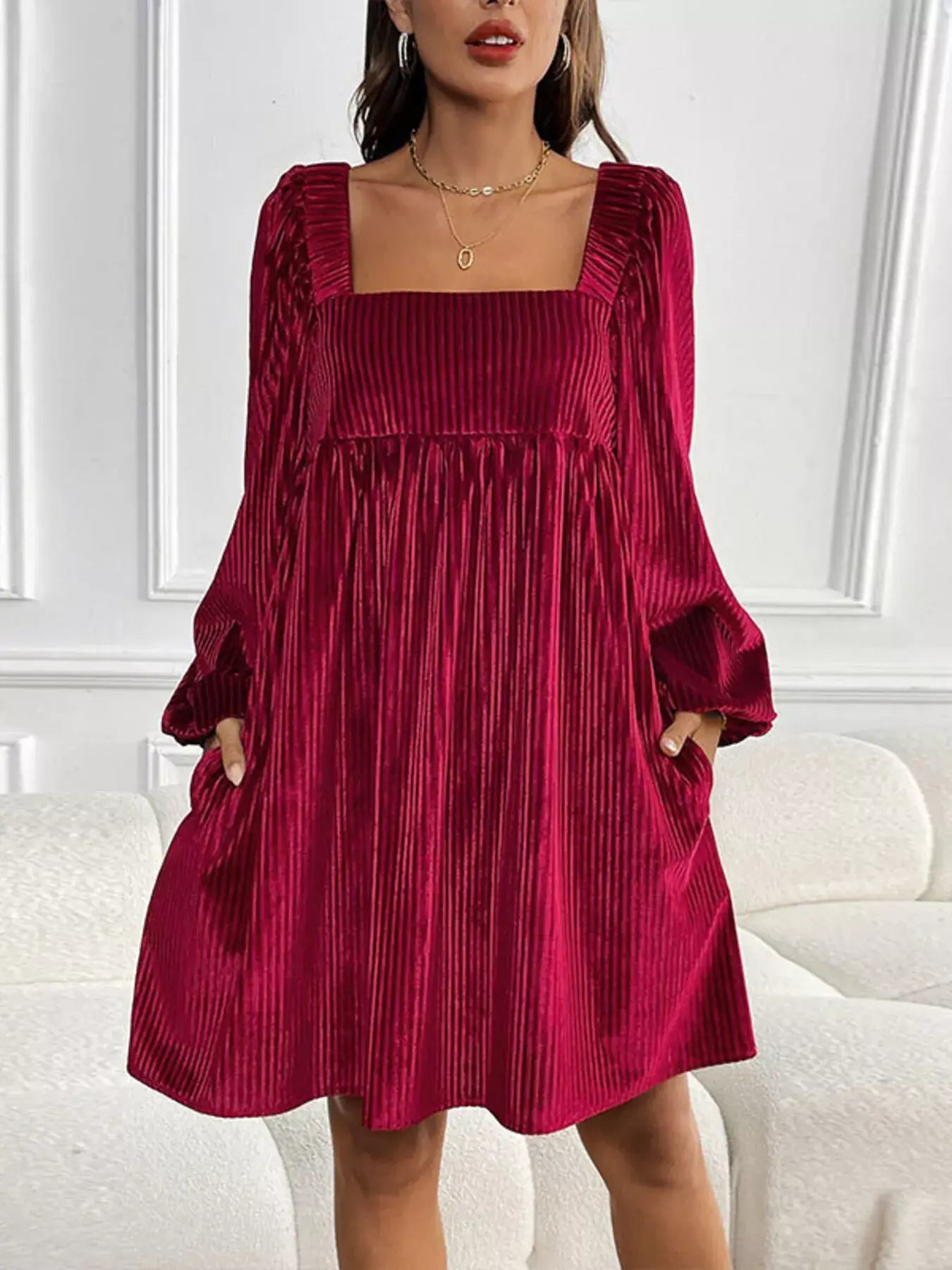 Velvet Square Neck Long Sleeve Dress in rich burgundy, featuring a square neckline and long sleeves, perfect for elegant evening wear.