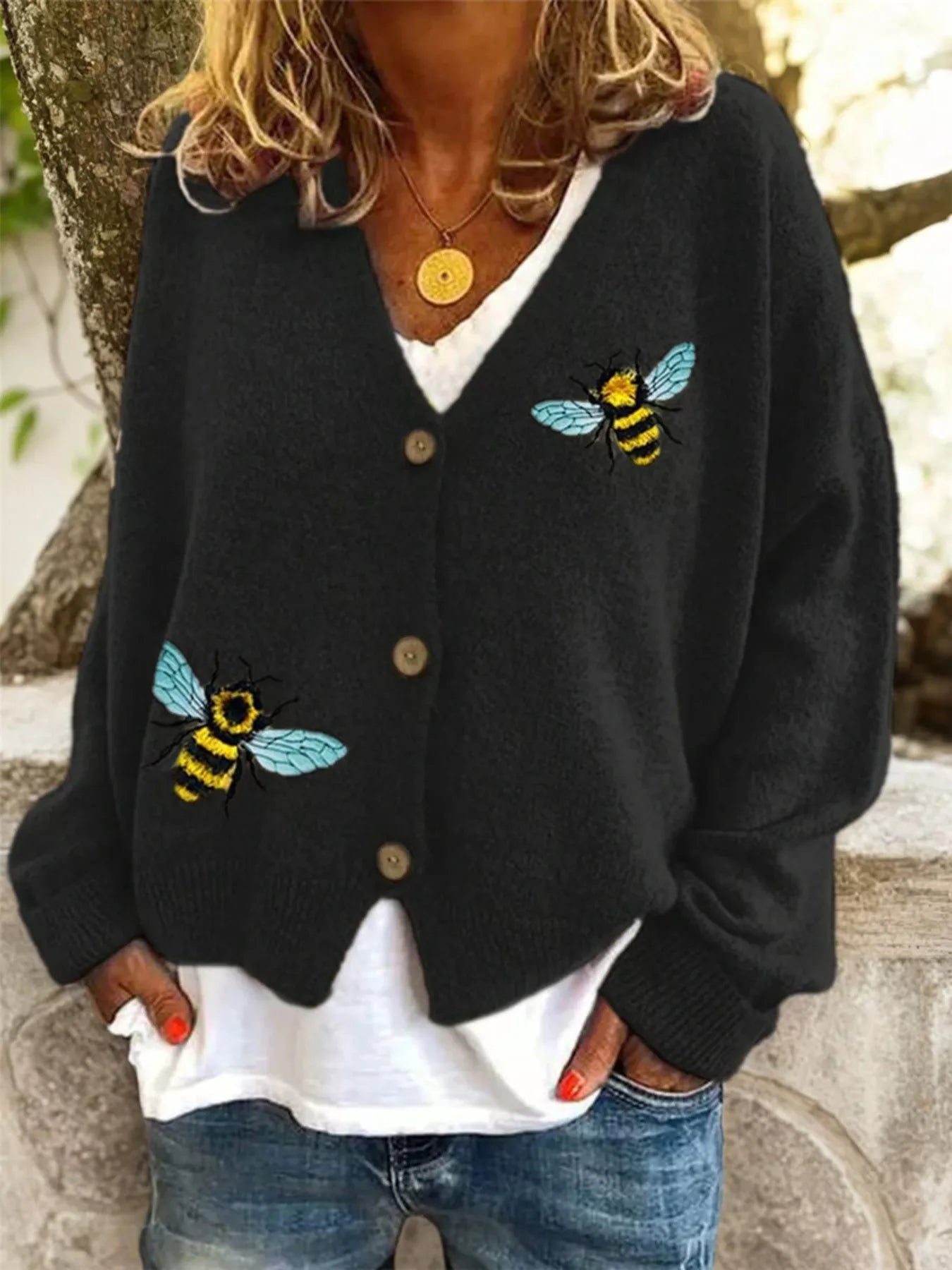 Bee Embroidered Button-Down Cardigan featuring bee embroidery, buttoned front, and cozy style for everyday wear.