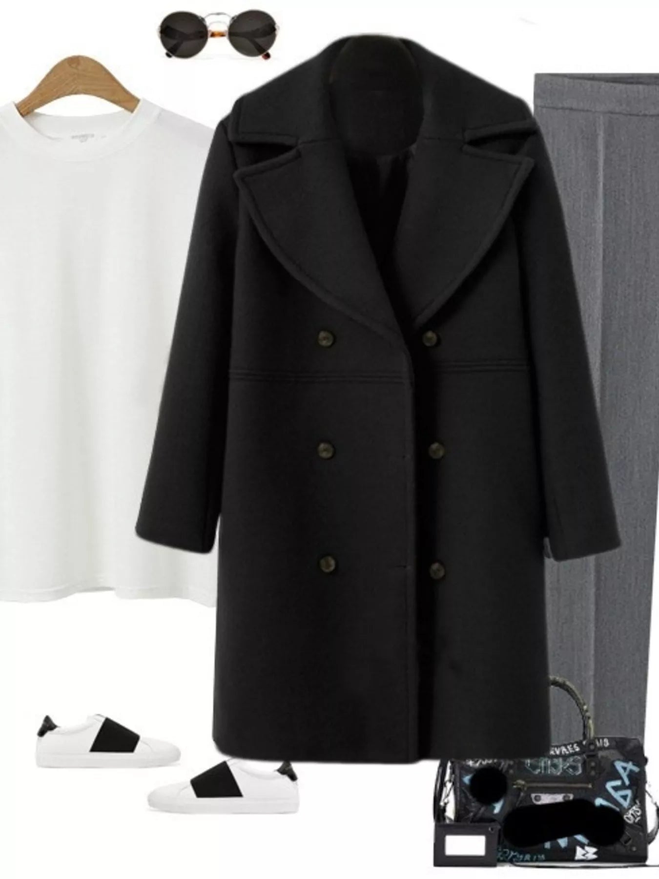 Double-Breasted Long Sleeve Coat displayed with casual outfit elements including a t-shirt, glasses, and accessories.