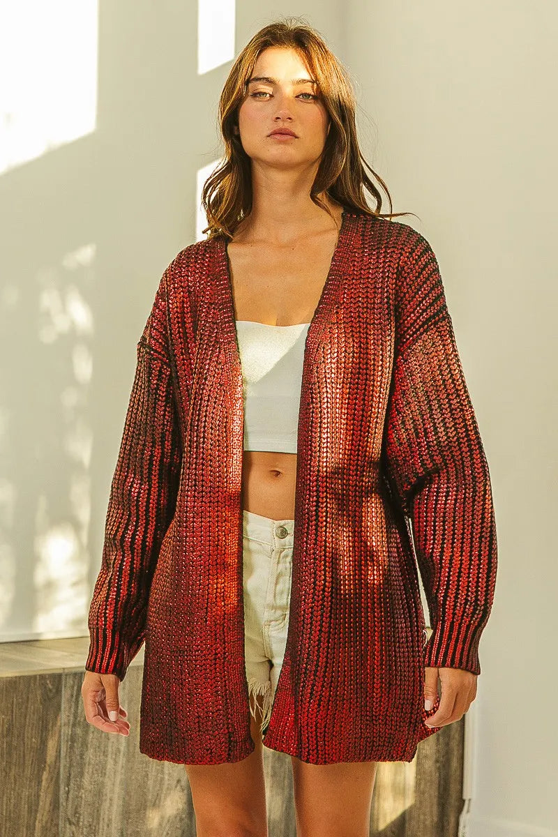 BiBi Metallic Knit V-neck Open Sweater Cardigan in a stylish red knit design, perfect for chic layering.